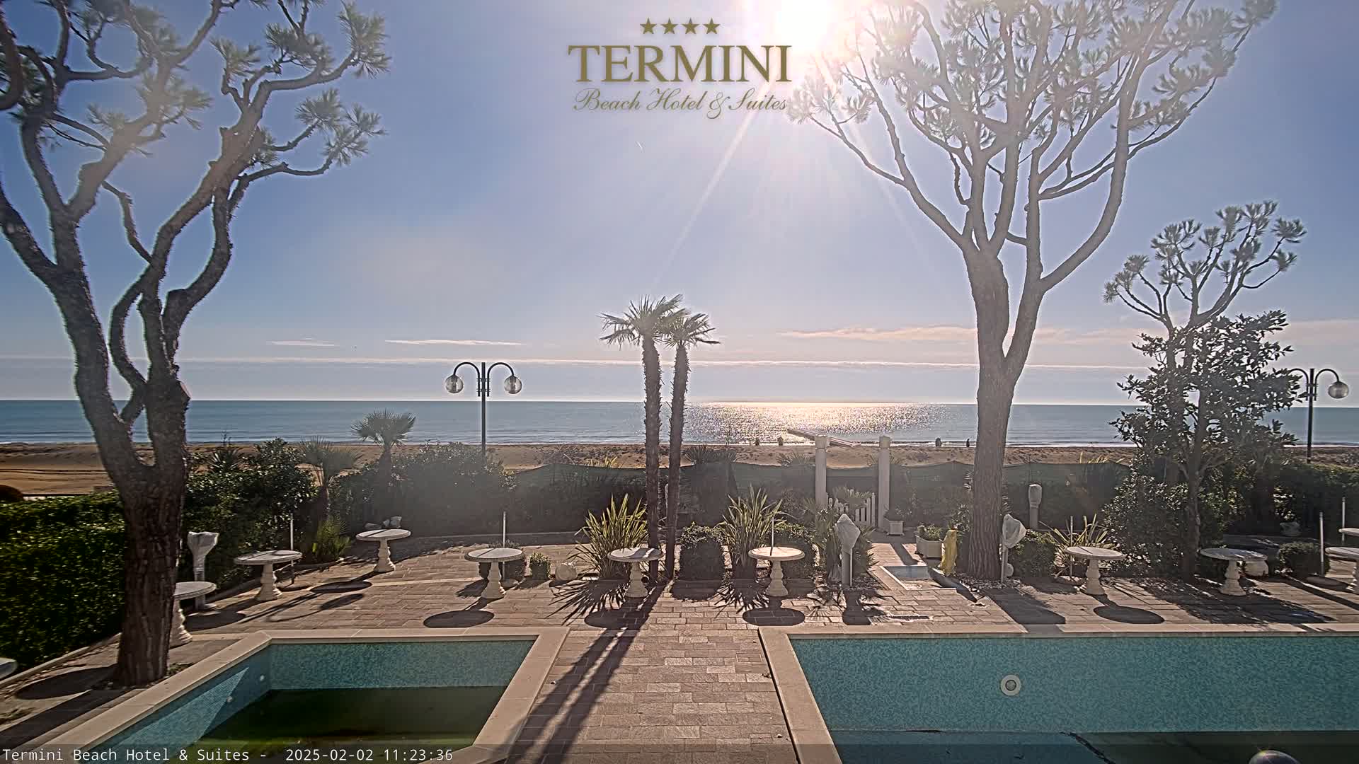 A sunny outdoor scene shows a patio area with small tables and a swimming pool, overlooking a calm ocean beach and several palm and pine trees.