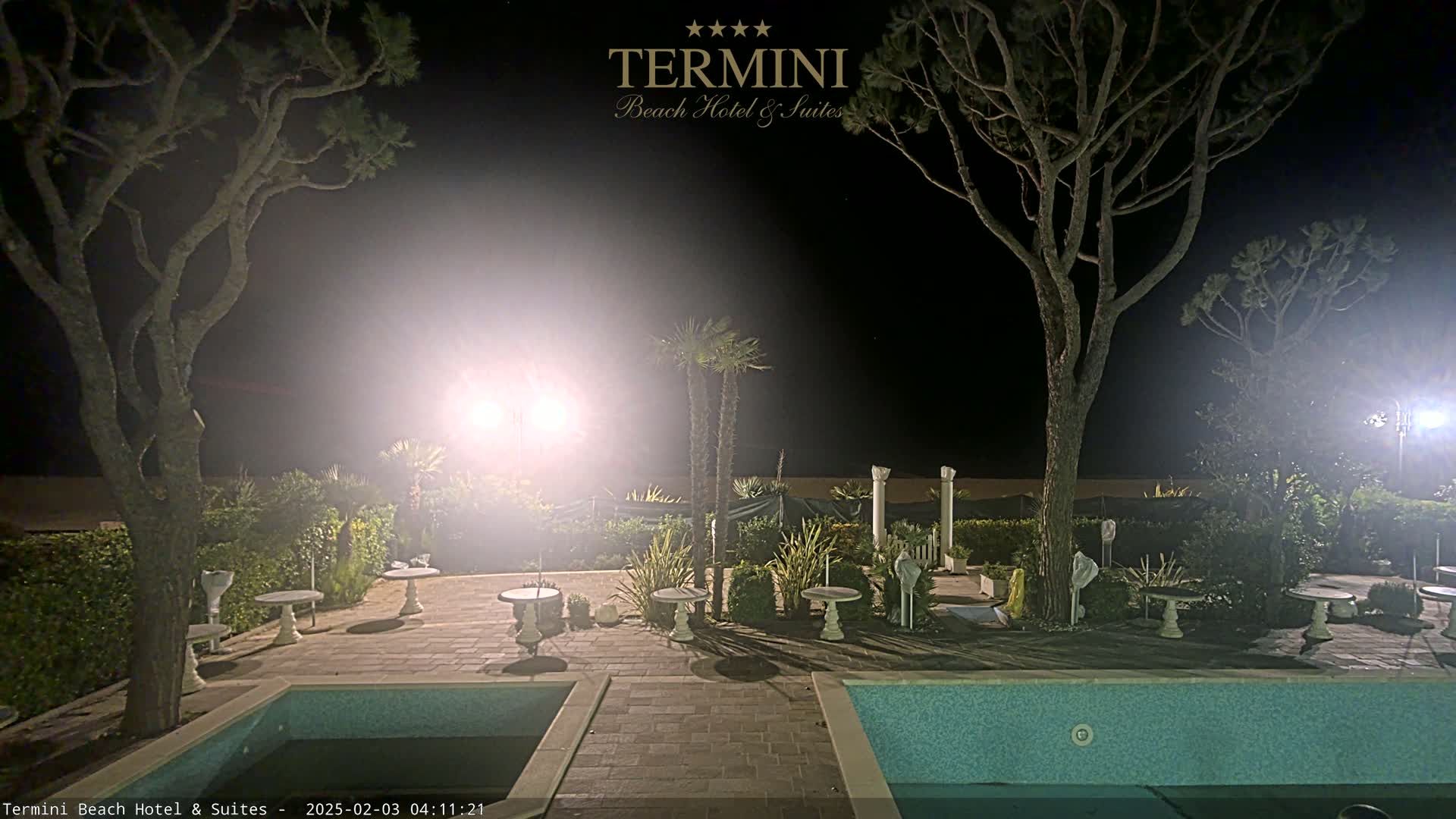 At night, a pool area with several small tables and palm trees is illuminated by bright lights near two tall pine trees.