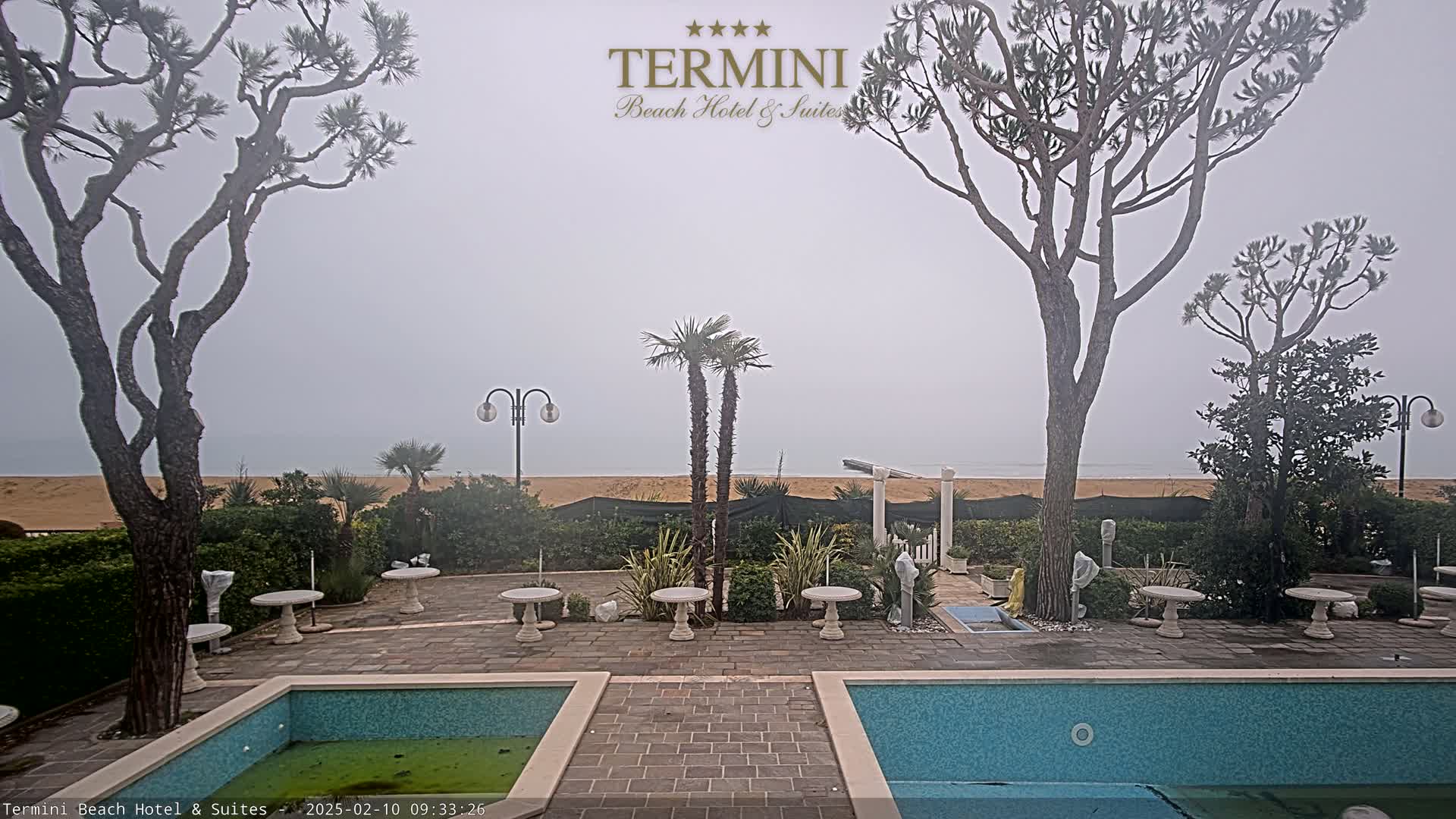A foggy outdoor scene shows a patio area with two swimming pools and several small tables, situated between tall, slender trees and a sandy beach.