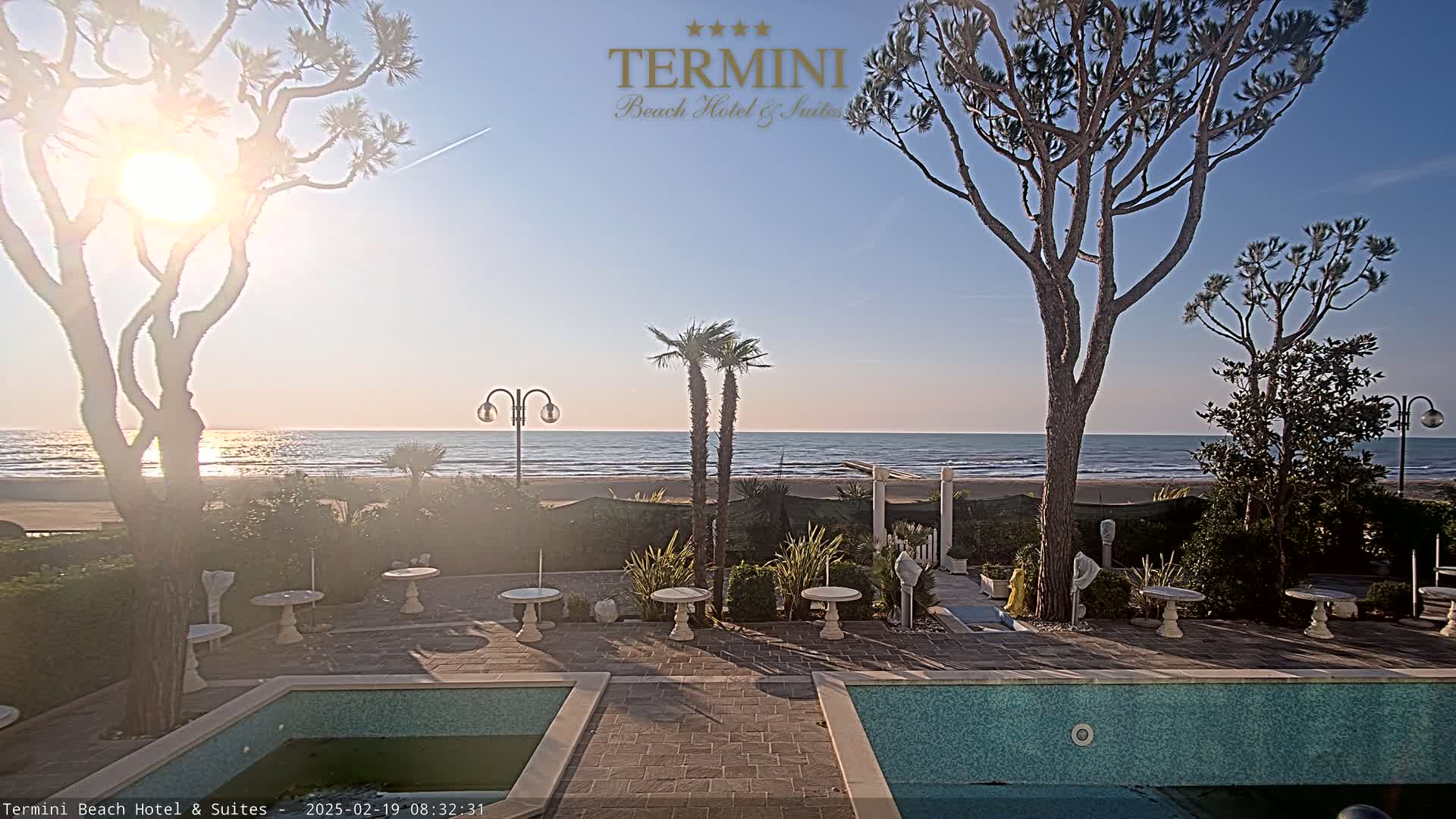 A sunny beachfront patio scene with two swimming pools and small tables sits between palm trees and pine trees overlooking a calm ocean.