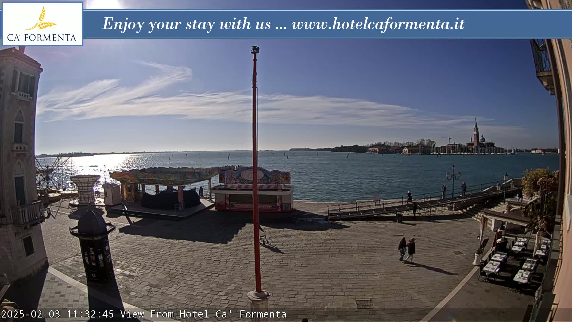 A sunny day reveals a waterfront paved plaza with several small kiosks, a distant island with a church, and a few people walking.