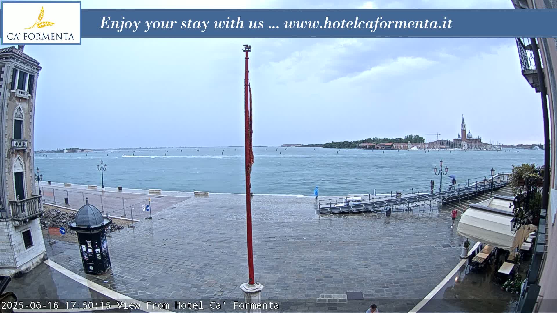 A wet, overcast day reveals a view of a calm body of water with a distant cityscape and a paved area in the foreground, showing a few people and some outdoor furniture.