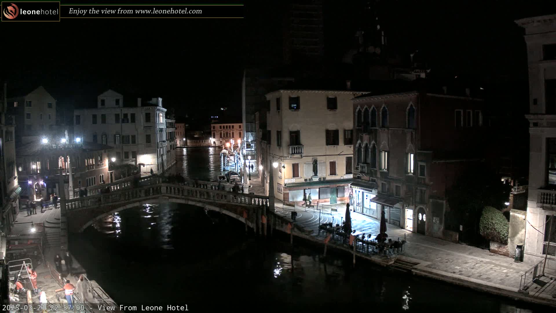 A nighttime view of a canal in Venice, with bridges, buildings, and a few people visible along the waterway.