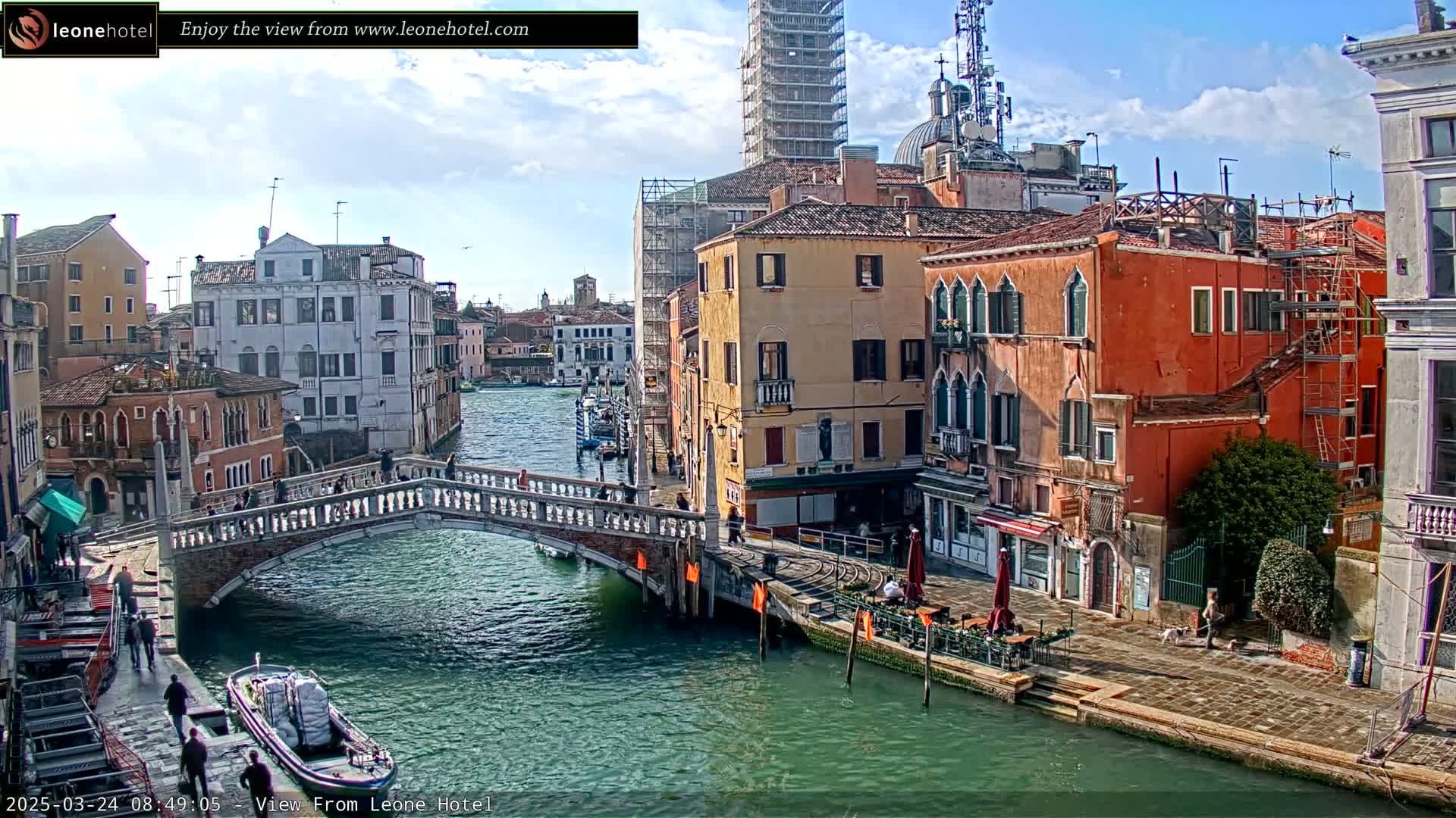 A canal in Venice, under a partly cloudy sky, is spanned by a bridge with several pedestrians and a small boat docked below.