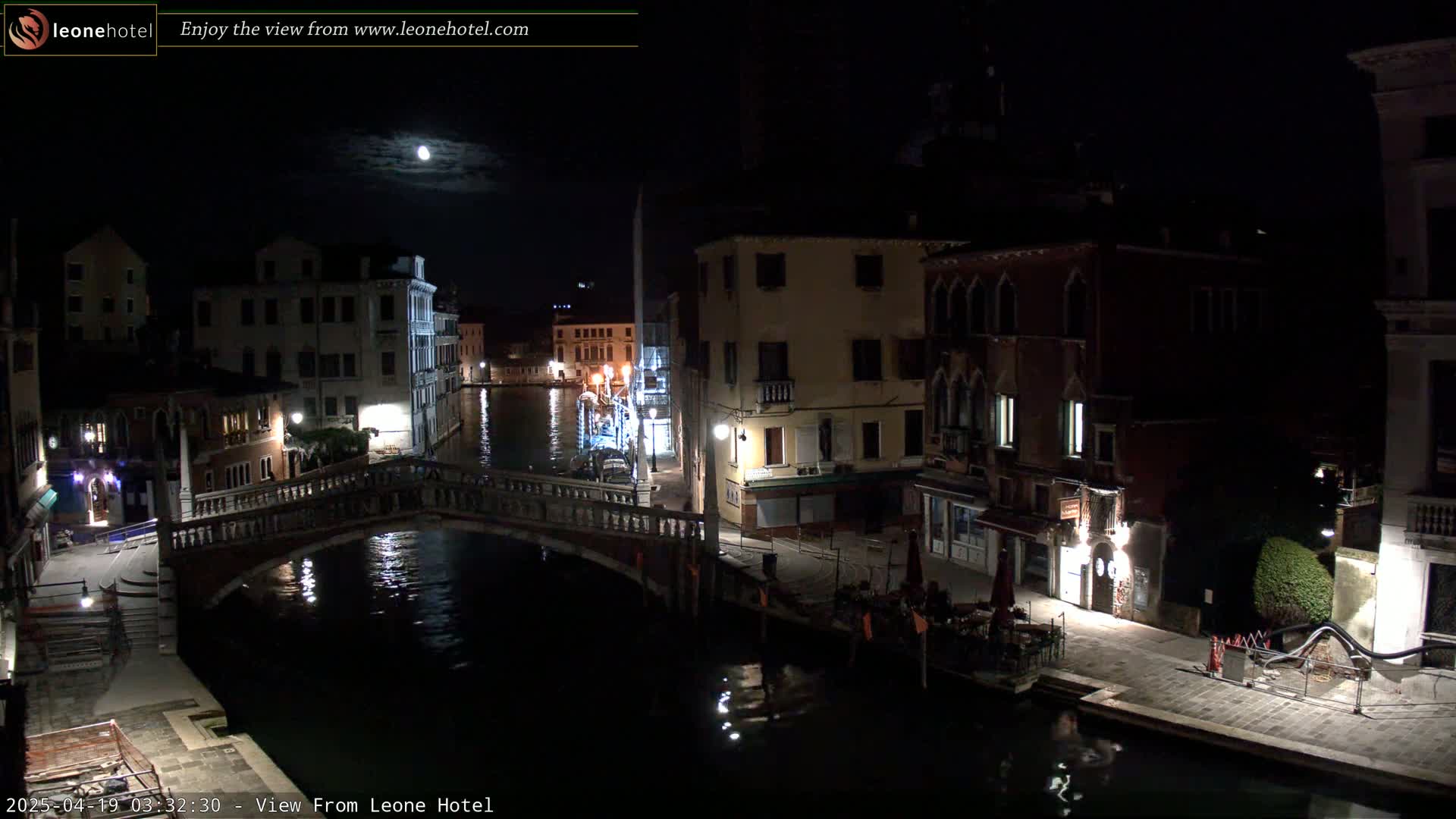 A moonlit night scene shows a canal in Venice, with bridges, buildings, and a few lights illuminating the waterway.