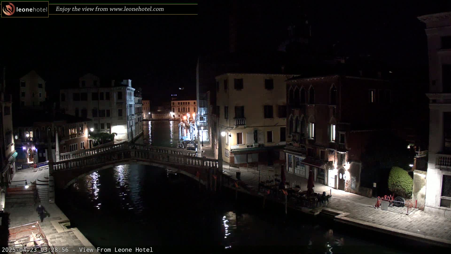 A nighttime view of a canal in Venice, with bridges, buildings, and a few lights illuminating the scene.