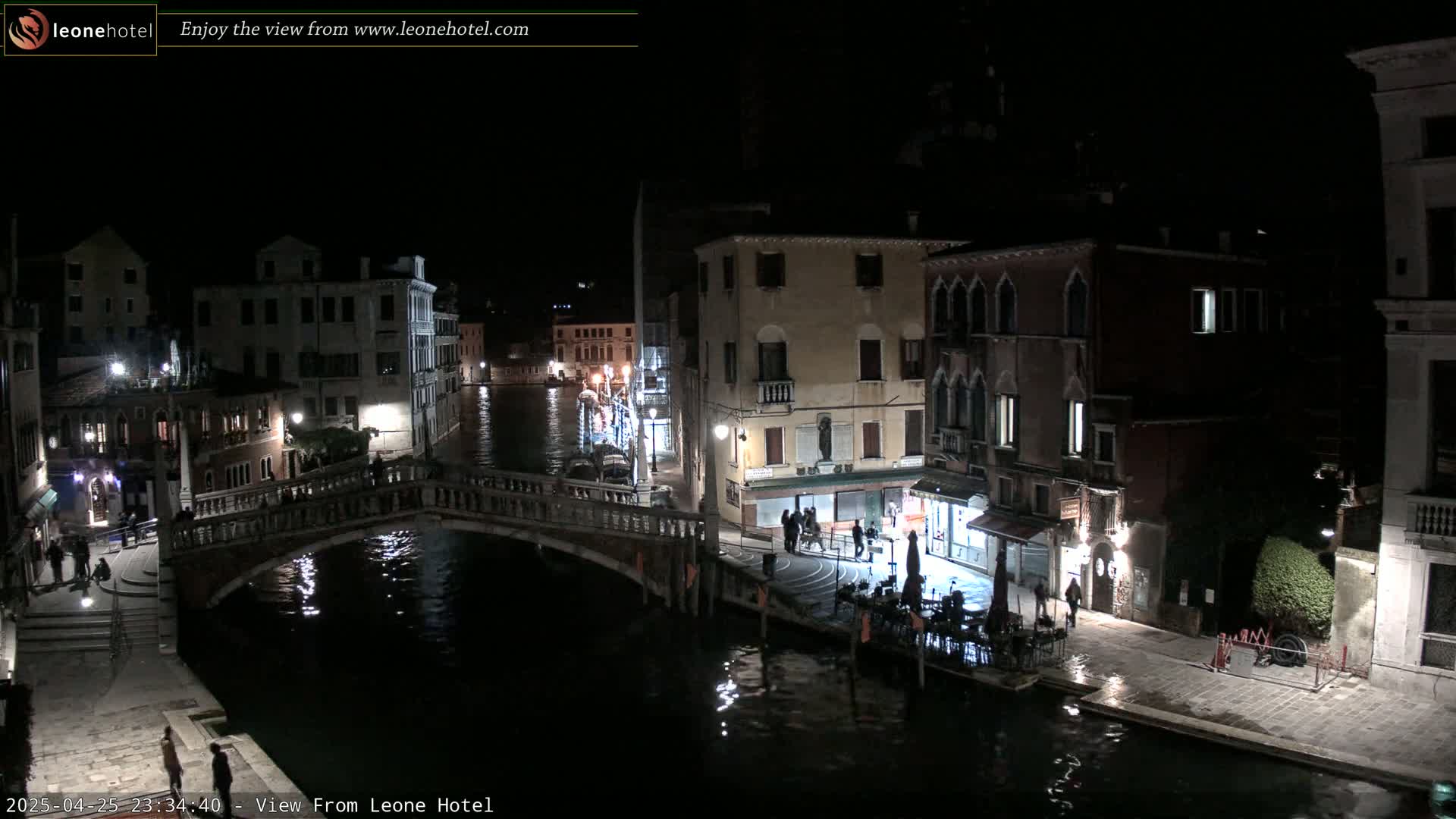 A nighttime view of a canal in Venice, Italy, shows a stone bridge, several buildings with lights on, and a few people walking along the canal.