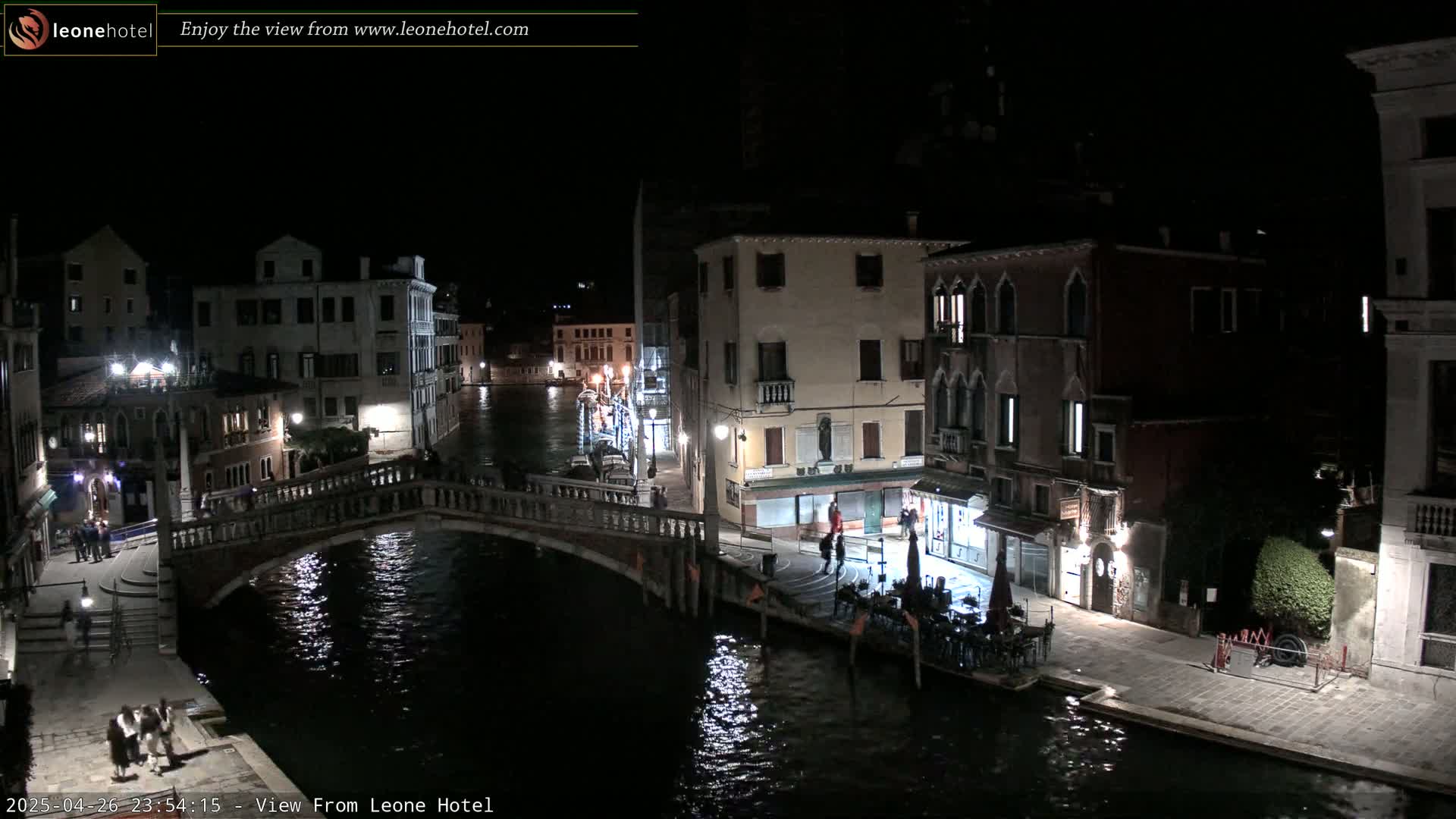 A nighttime view of a canal in Venice, Italy, showing bridges, buildings, and a few people along the water's edge.