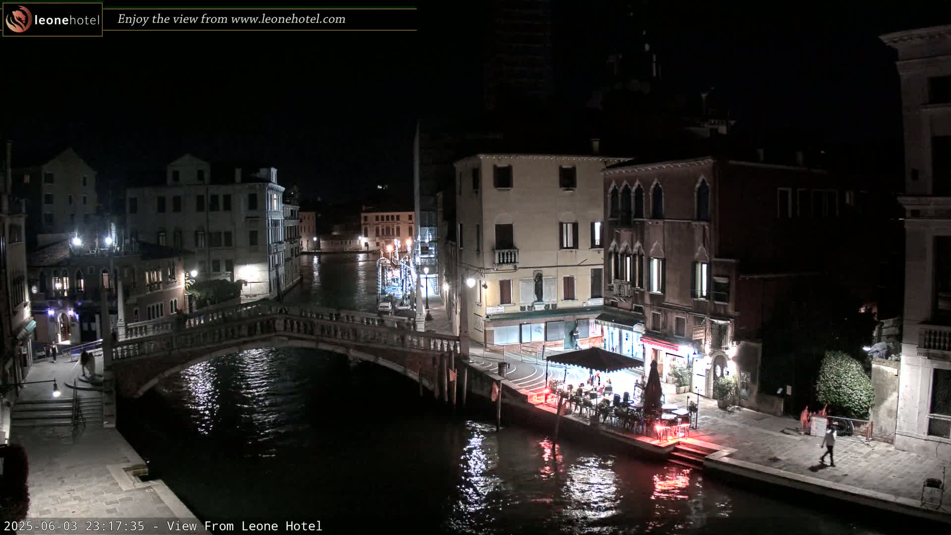 A nighttime view of a canal in Venice, Italy, shows a bridge, buildings lining the waterway, and a few people walking along the canal bank.