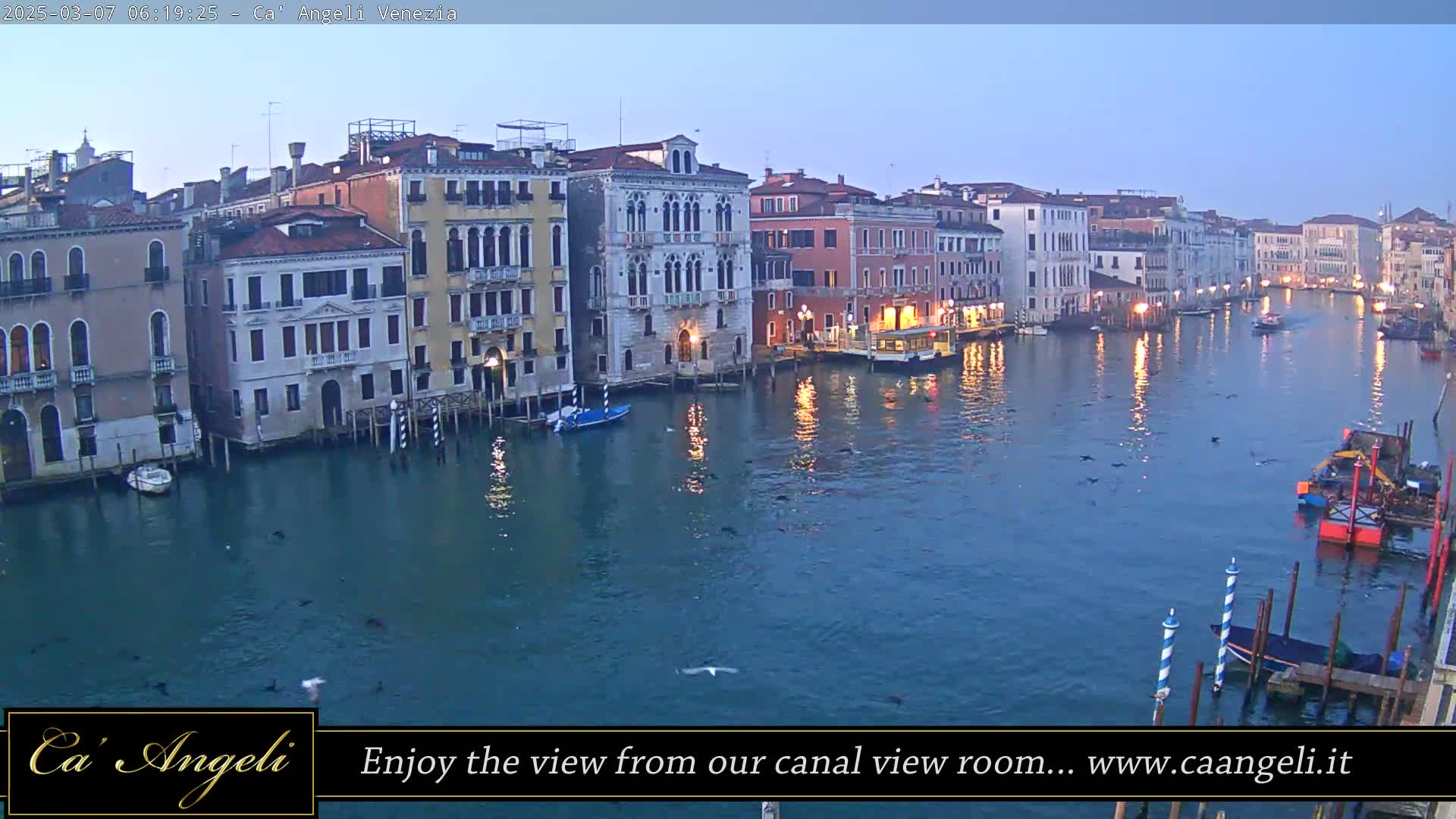 A twilight view of a canal in Venice, Italy, showing numerous buildings lining the waterway, with boats moored along the sides and birds in the water.