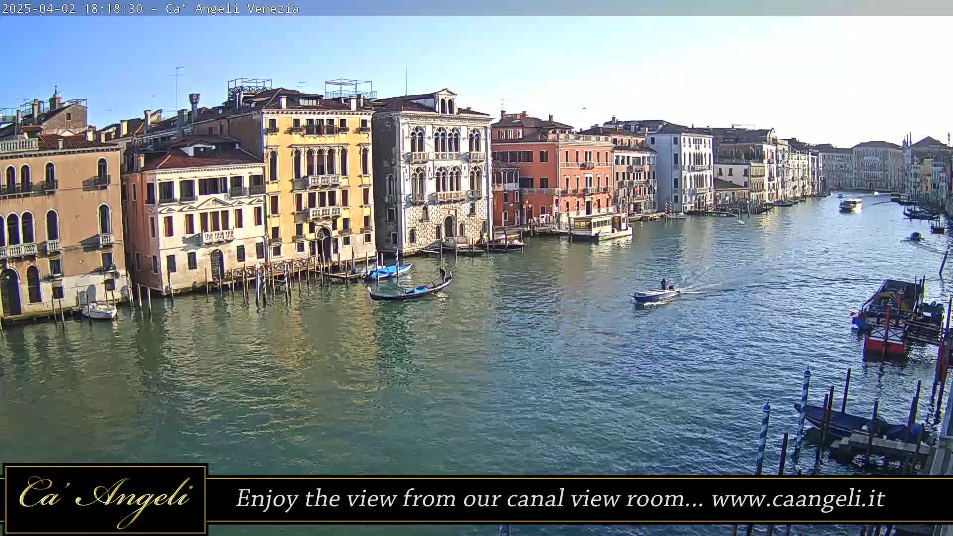 A sunny Venetian canal scene shows colorful buildings lining the waterway, with gondolas and motorboats traversing the calm water.