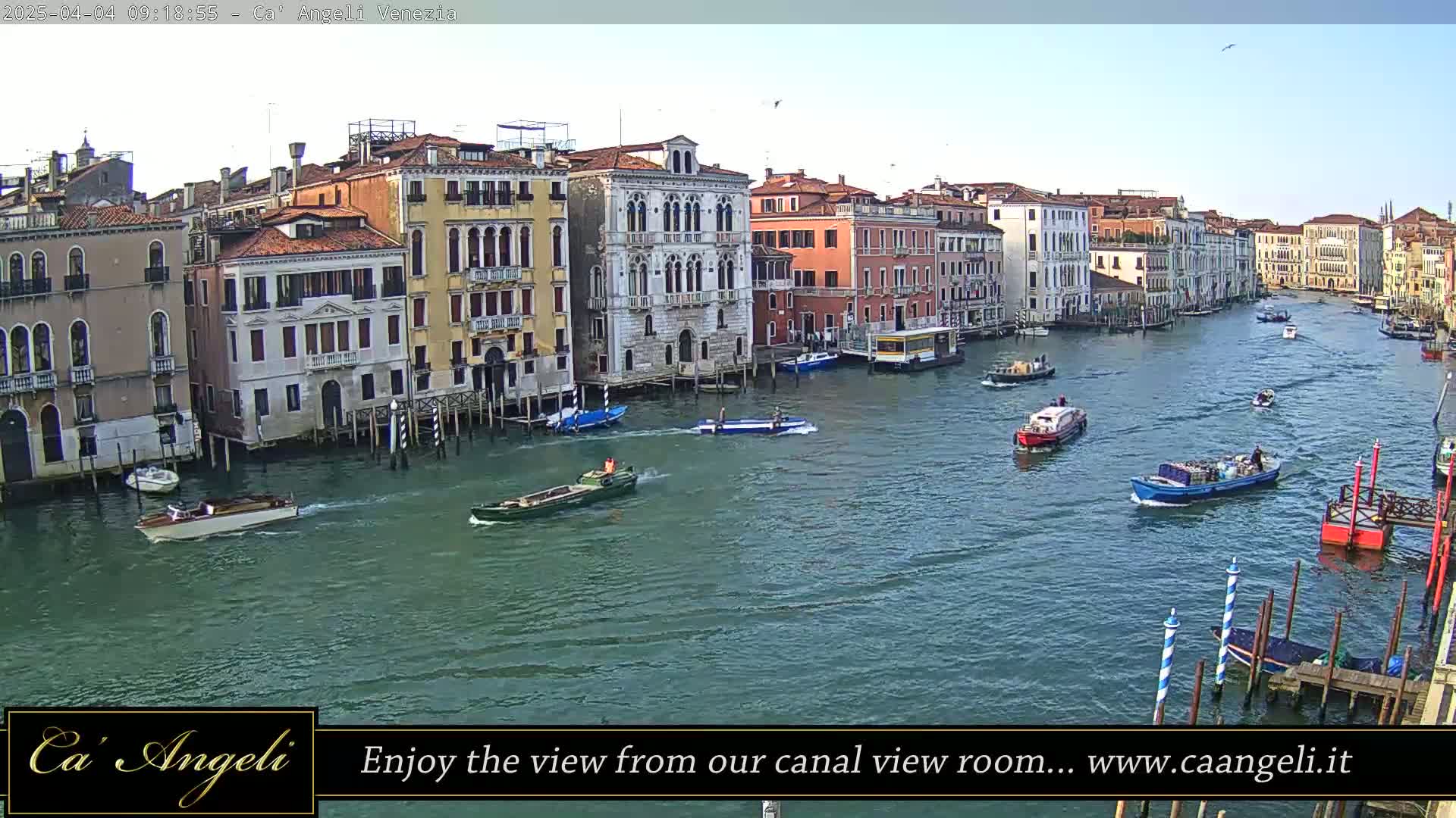 A calm canal in Venice, under a clear sky, is filled with numerous boats and lined with historic buildings.