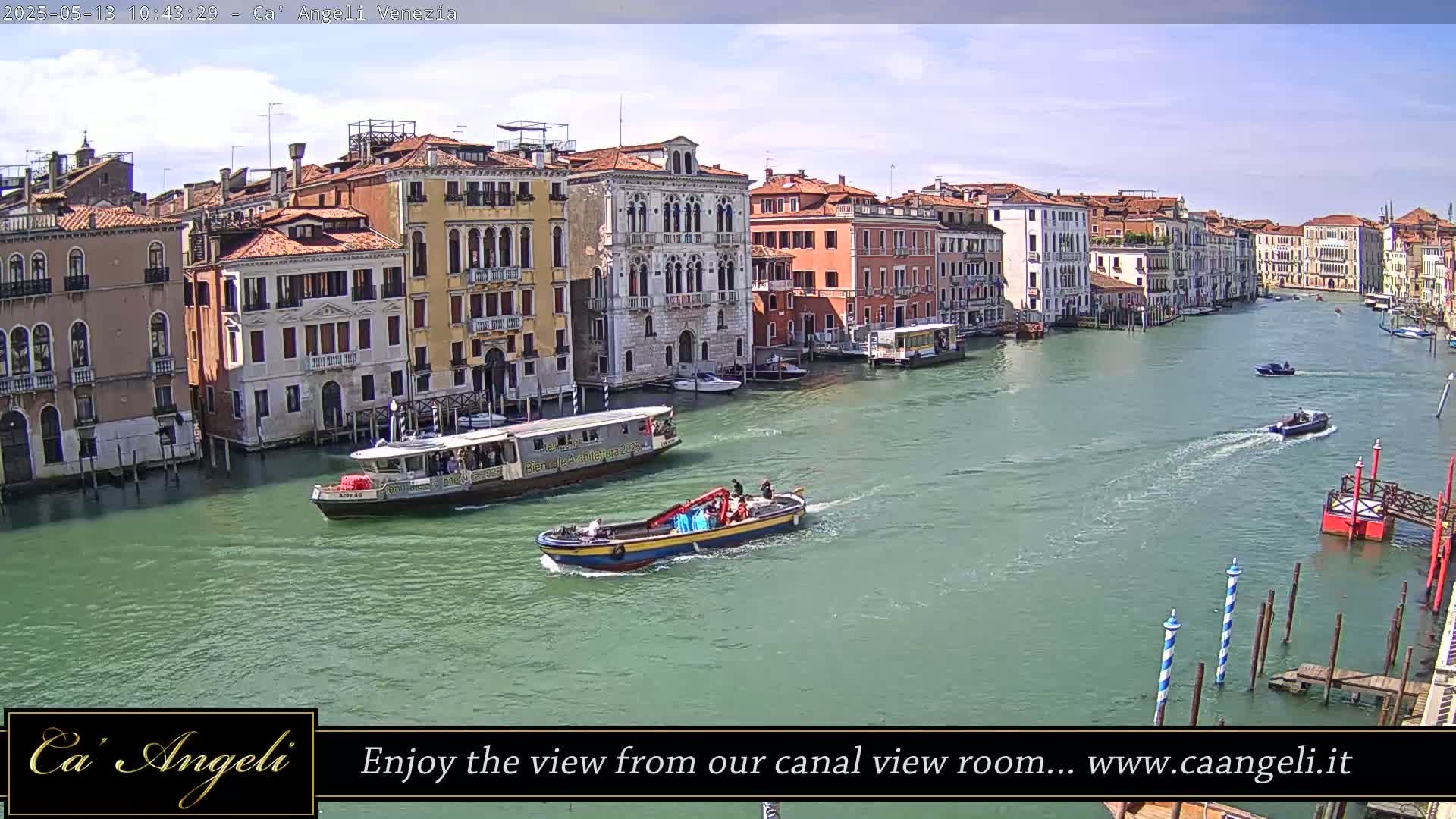 Under a mostly sunny sky, several boats traverse a canal lined with historic Venetian buildings.