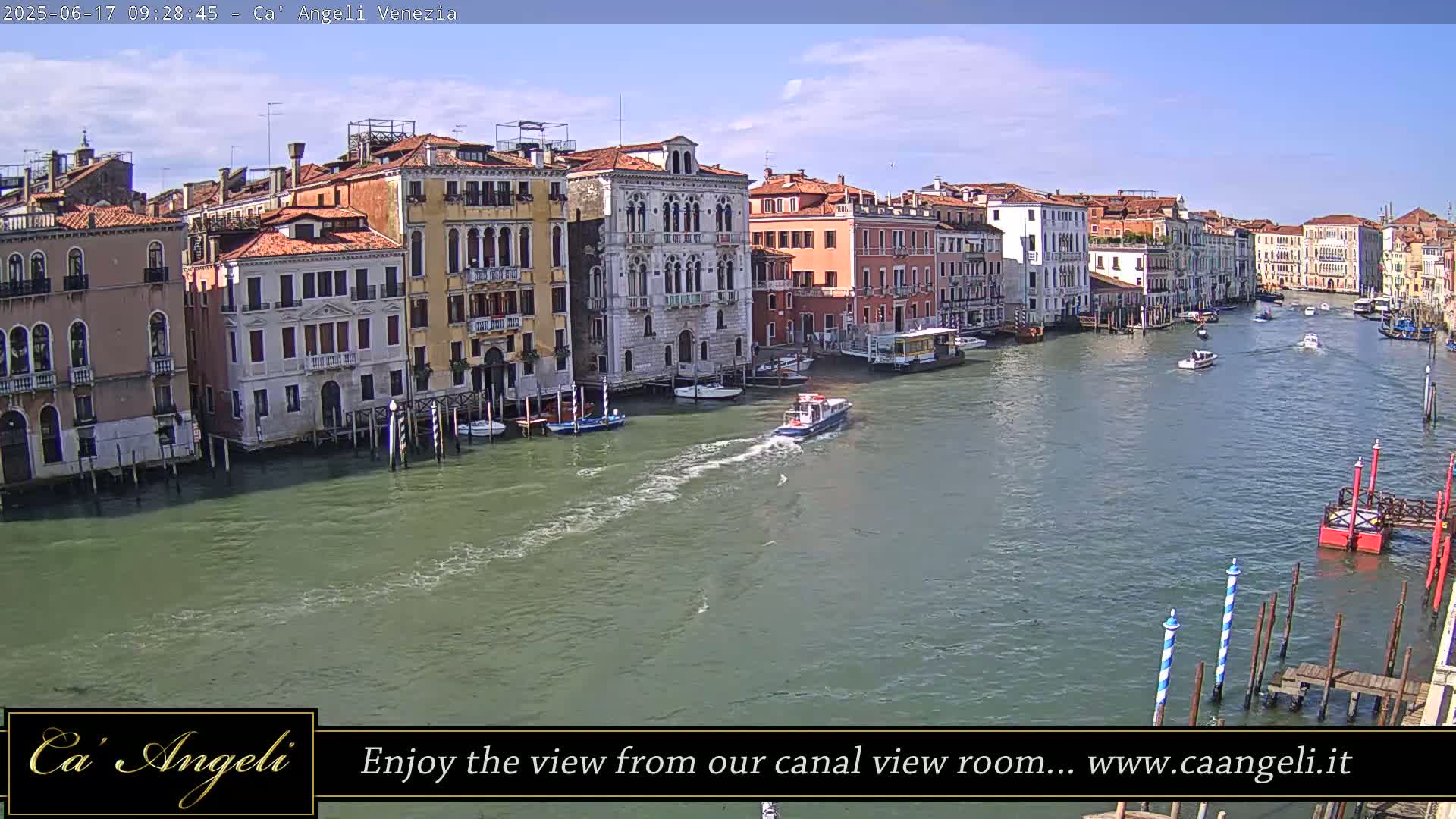 A waterway in Venice, Italy, shows several boats passing by buildings lining the canal under a partly sunny sky.