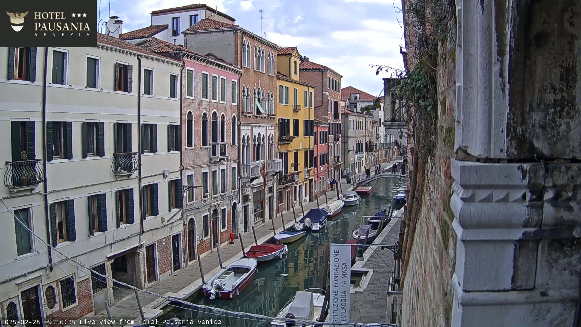 A canal in Venice, under a partly cloudy sky, is lined with colorful buildings and several moored boats.