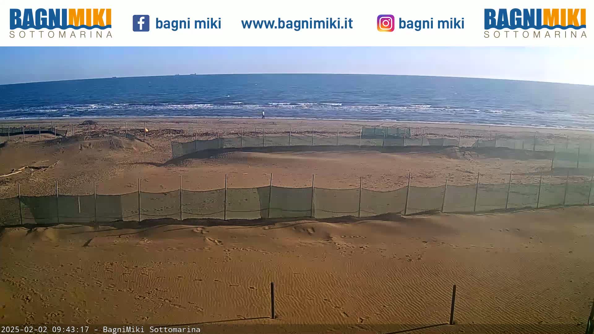 A sandy beach with several sections enclosed by netting stretches to a calm, blue ocean under a clear sky.