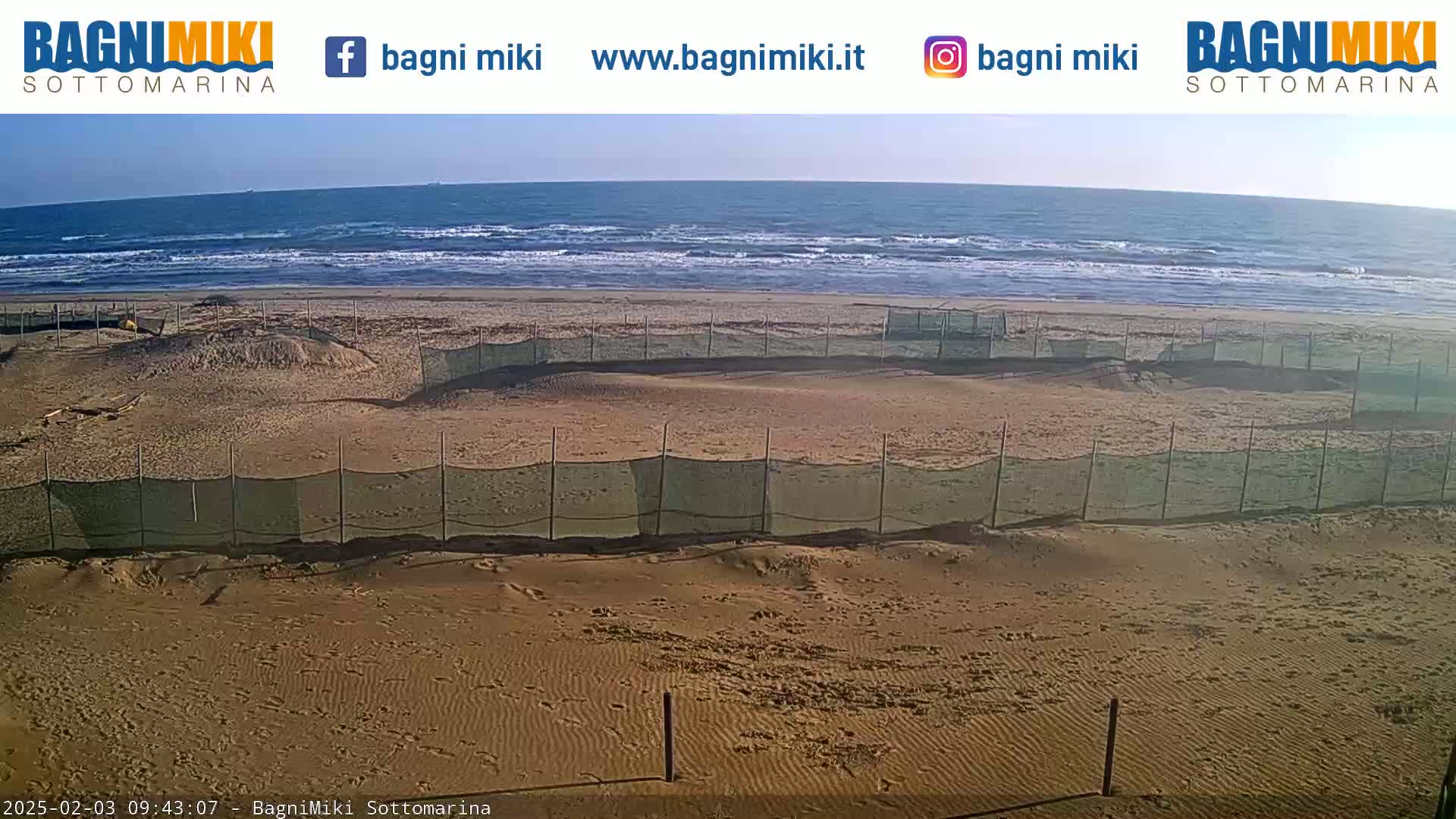 A sandy beach with a calm ocean and several protective fences on the shore under a clear sky.