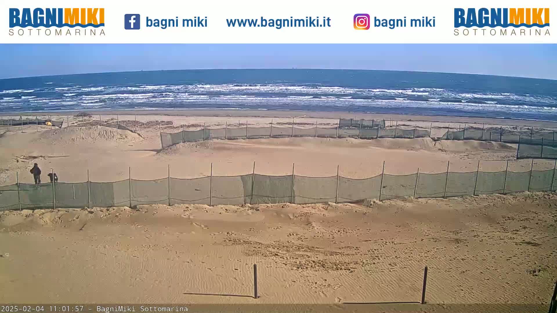 A sandy beach with a wavy ocean under a clear sky is partially enclosed by several sections of netting.