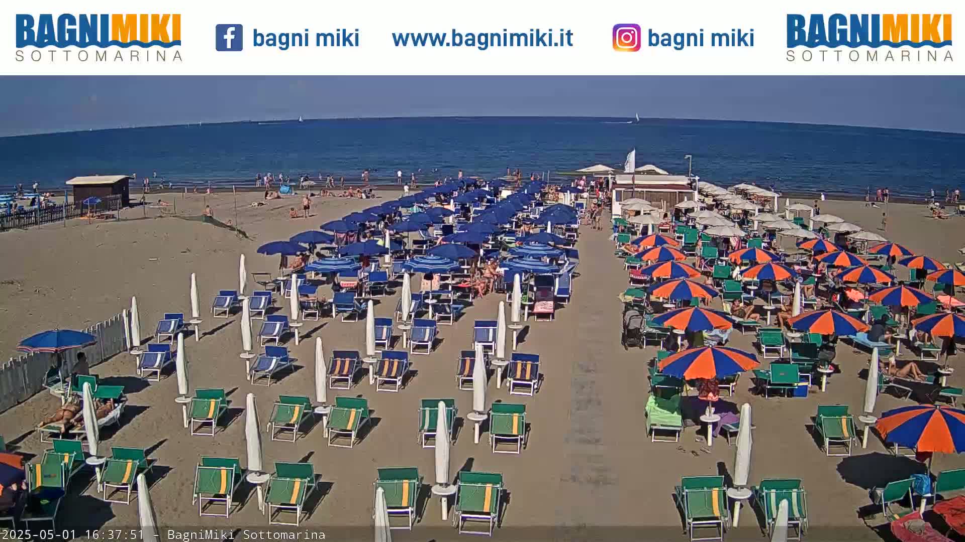 A sunny beach scene shows numerous beach umbrellas and lounge chairs arranged on the sand next to a calm ocean.