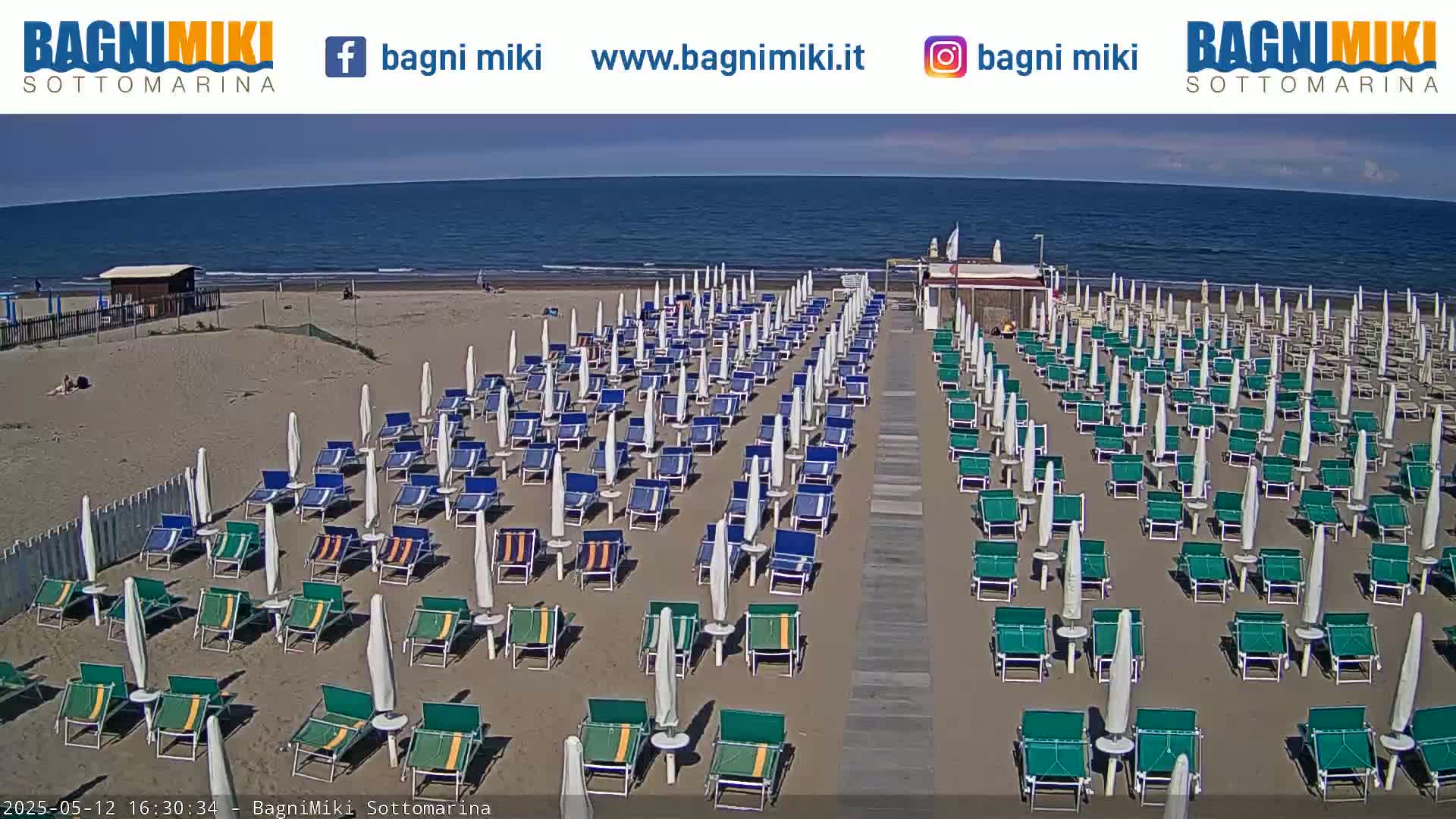 A sandy beach with numerous rows of beach umbrellas and lounge chairs is situated next to a calm ocean under a sunny sky.