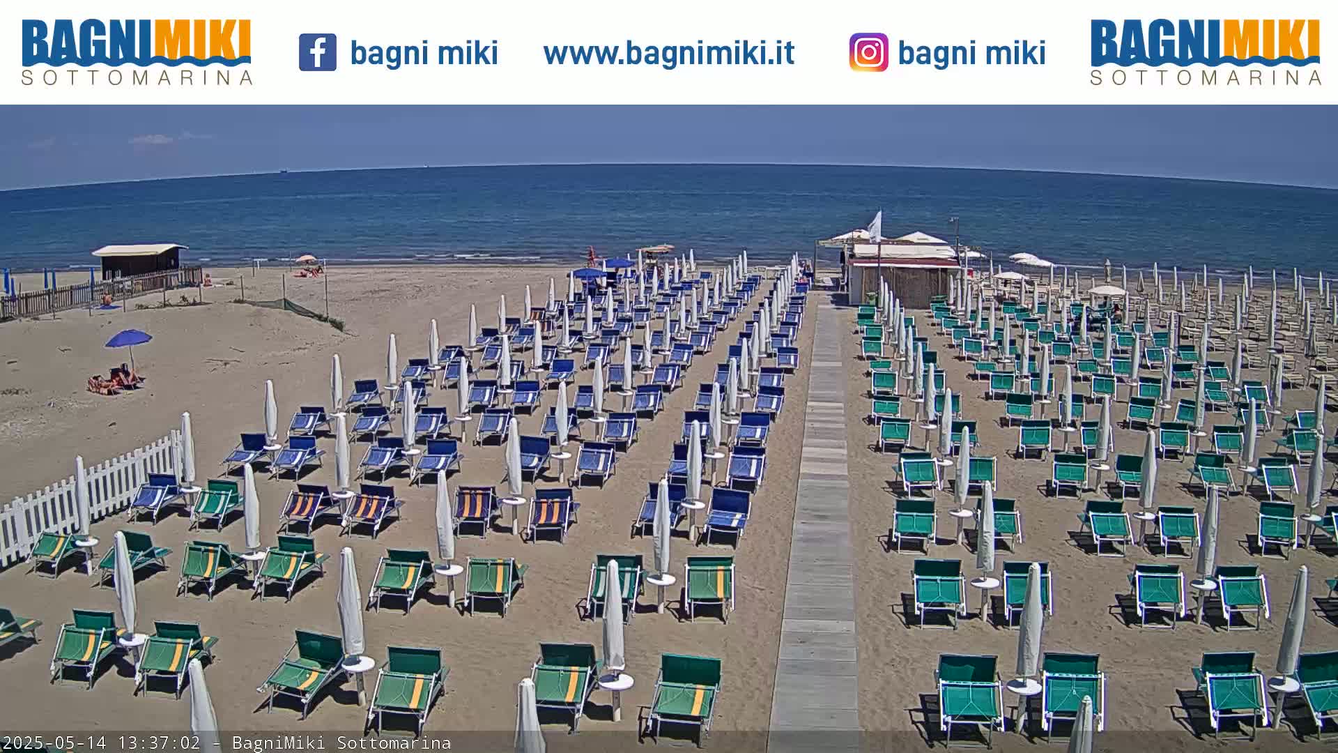 A sandy beach with numerous rows of lounge chairs and umbrellas under a sunny sky, next to a calm ocean.