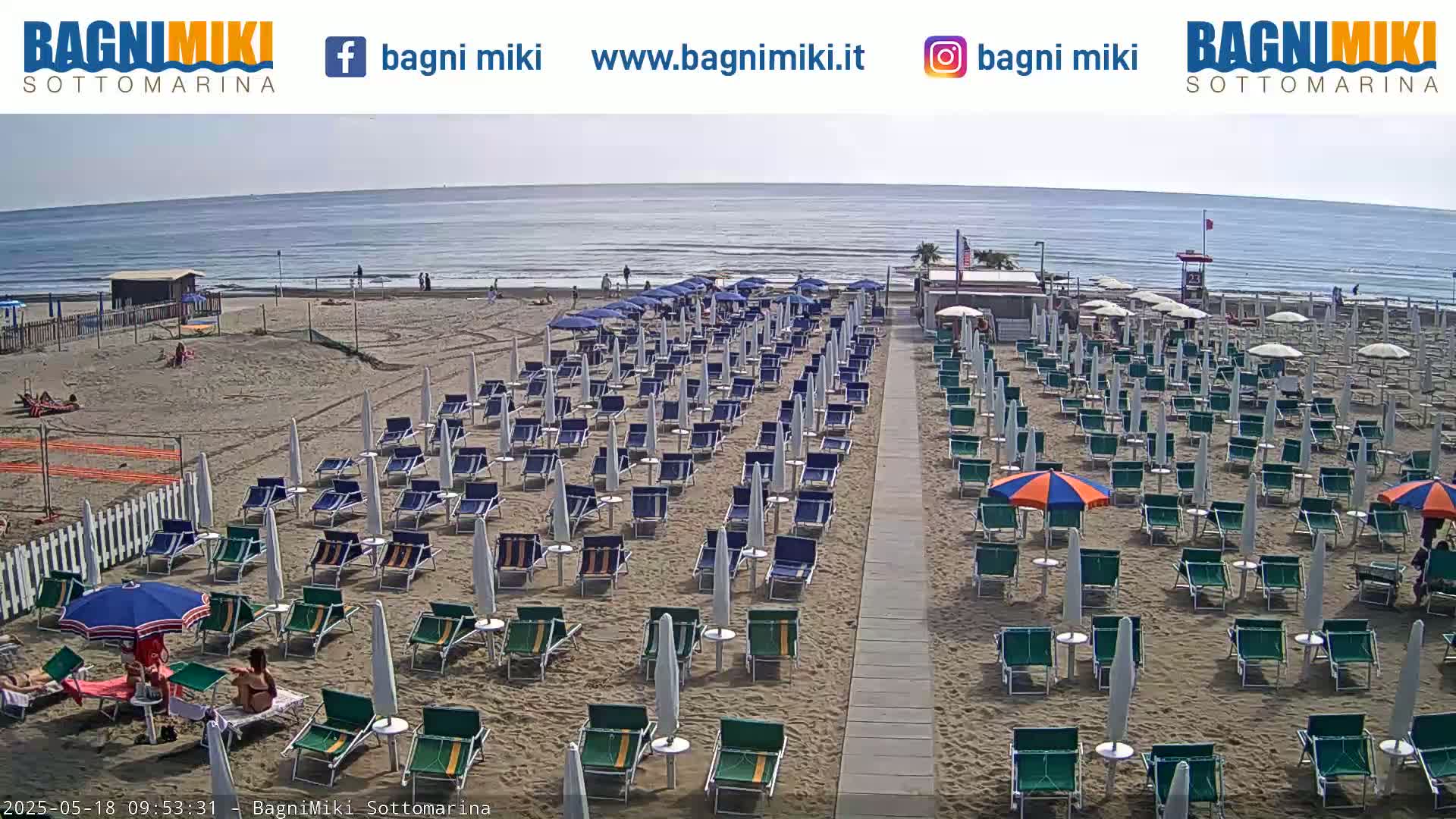 A sandy beach with many rows of beach umbrellas and chairs is shown on a partly sunny day with calm ocean waters in the background.