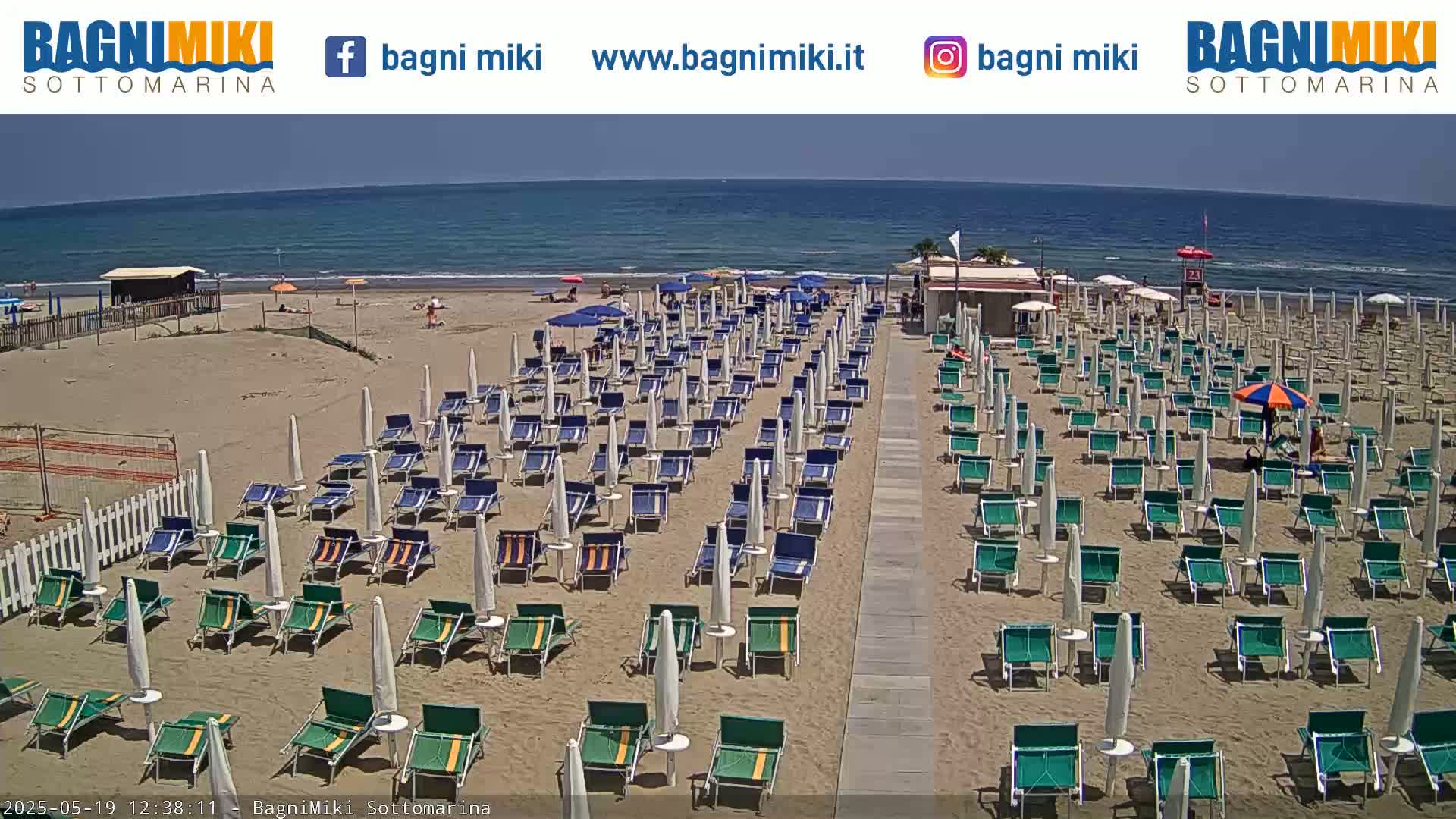 A sandy beach with numerous rows of beach umbrellas and lounge chairs is shown under a sunny sky, next to a calm ocean.