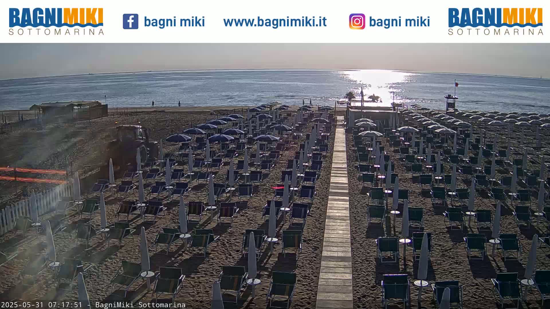 Rows of beach umbrellas and lounge chairs line a sandy beach next to a calm, sunlit ocean.