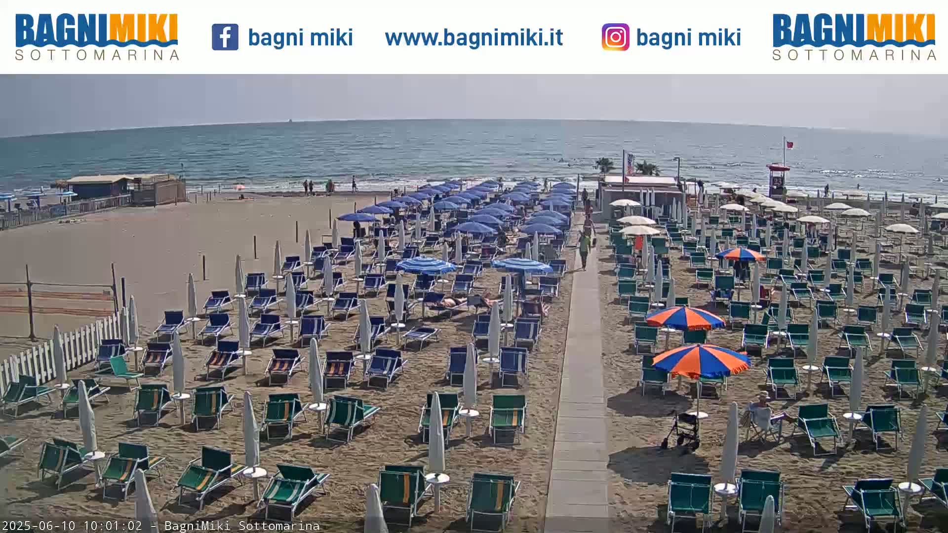 A sandy beach with numerous rows of beach chairs and umbrellas under a sunny sky, next to a calm ocean.