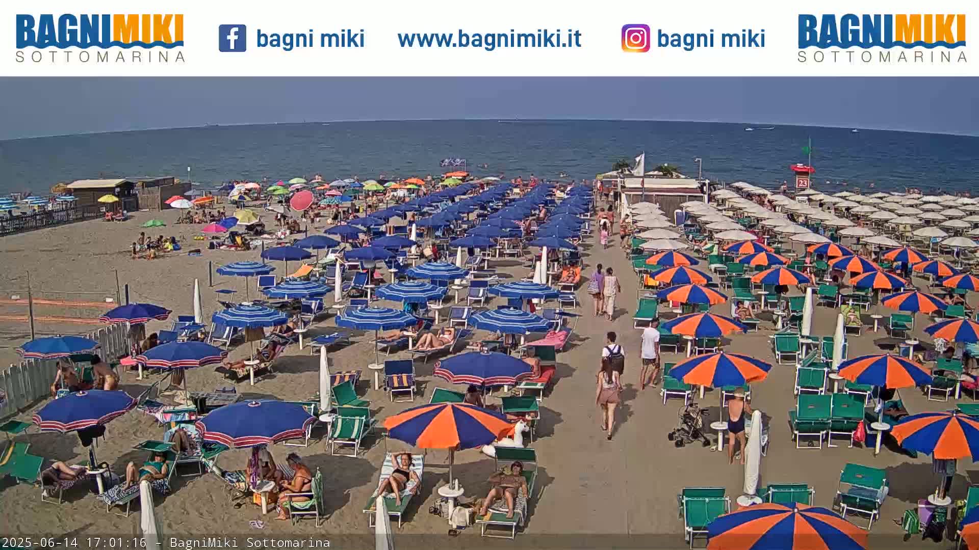 A sunny beach scene shows many people relaxing under numerous beach umbrellas and lounge chairs on a sandy beach next to a calm ocean.