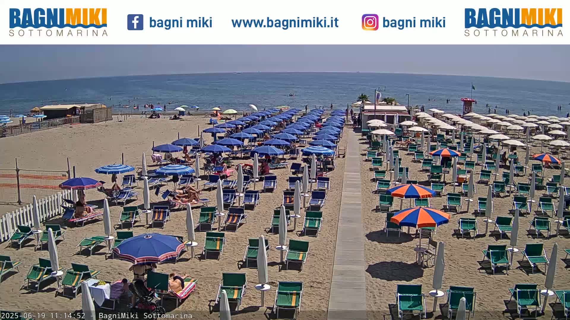 A sandy beach with numerous rows of beach umbrellas and lounge chairs under a sunny sky, next to a calm ocean.