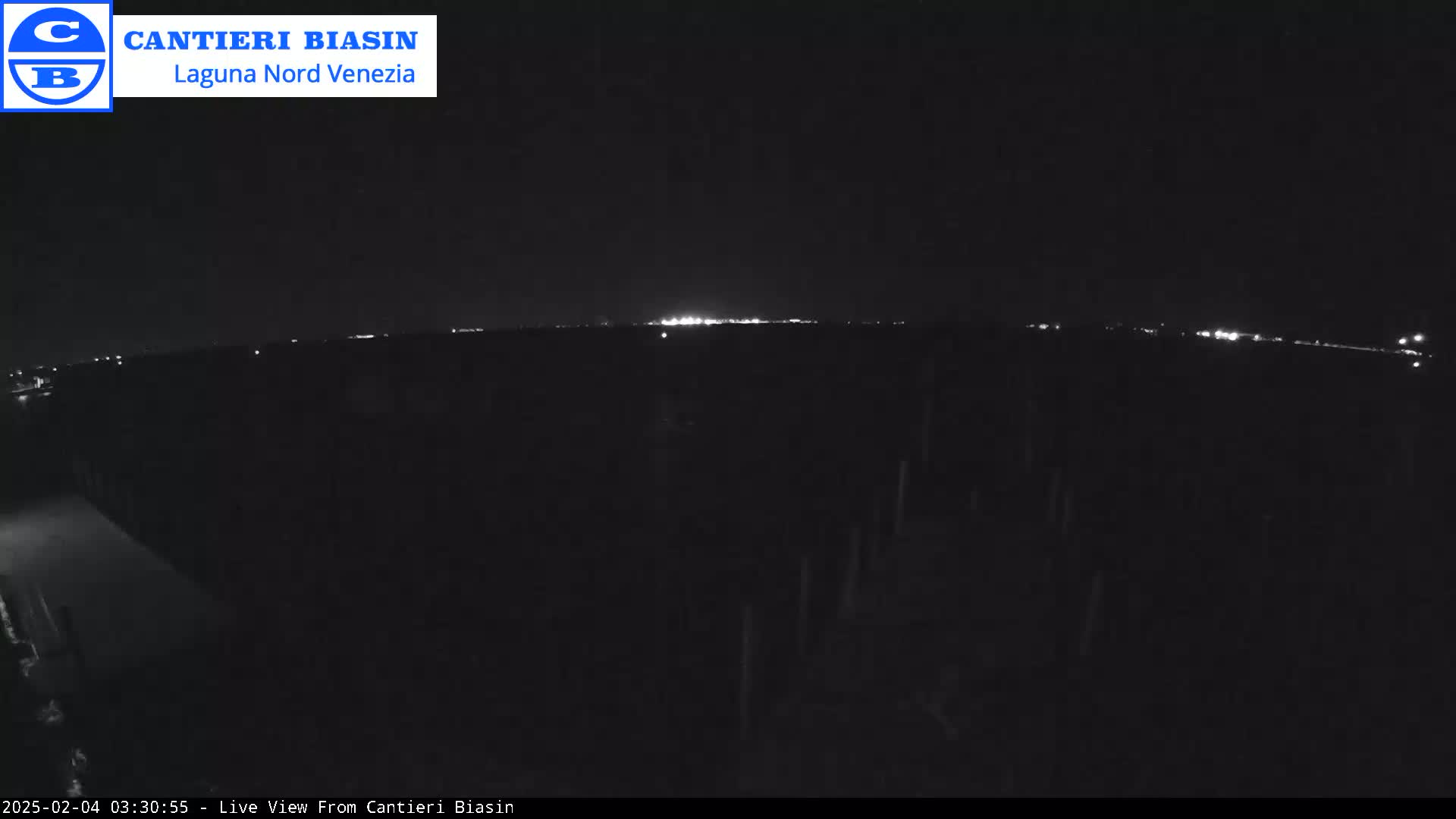A nighttime, low-light view of a dark landscape with a distant line of lights on the horizon.