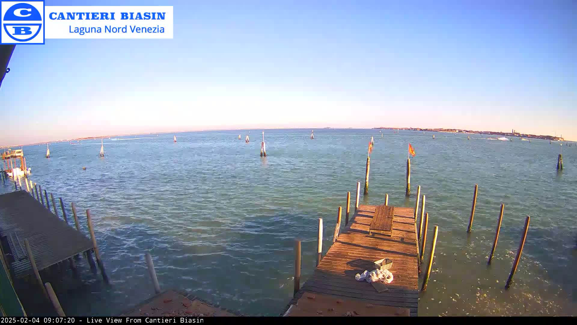 A calm body of water under a clear blue sky is viewed from a wooden dock, with several boats and markers visible in the distance.