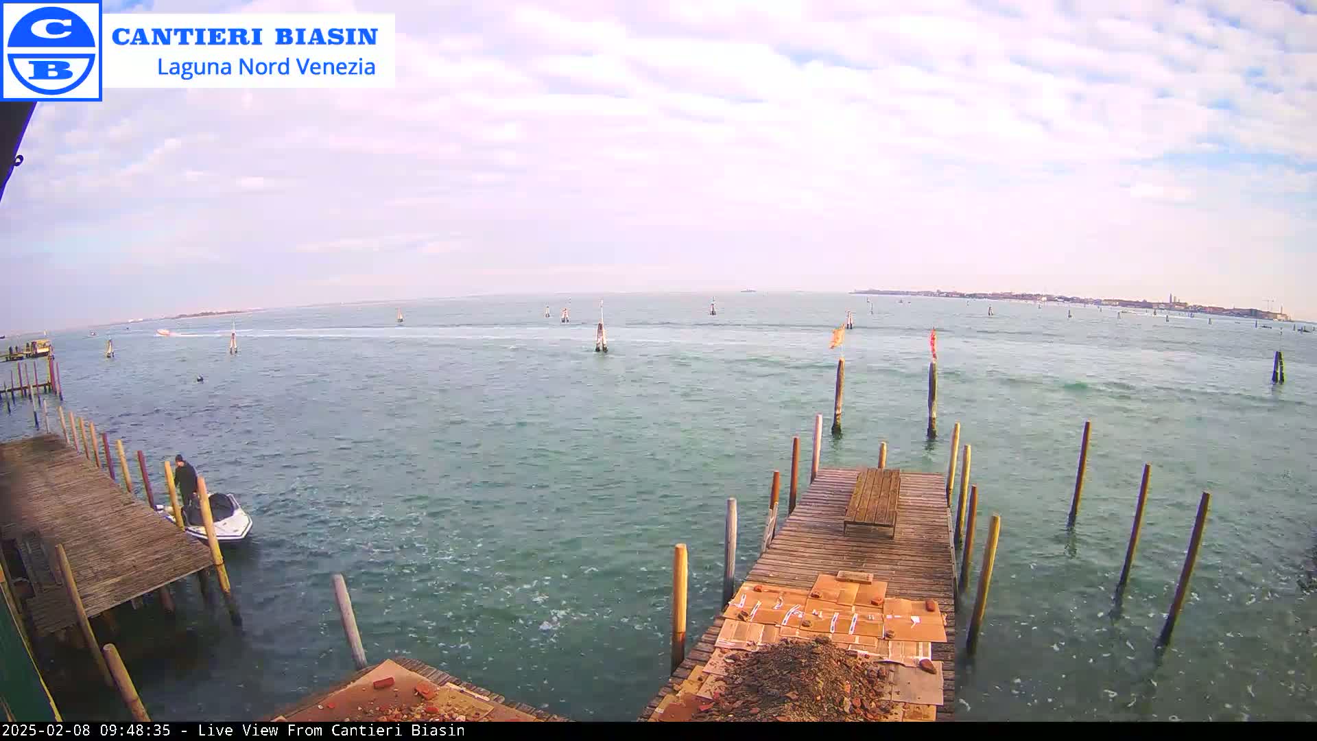 A partly cloudy day shows a body of water with a wooden dock, a small boat, and distant land visible on the horizon.