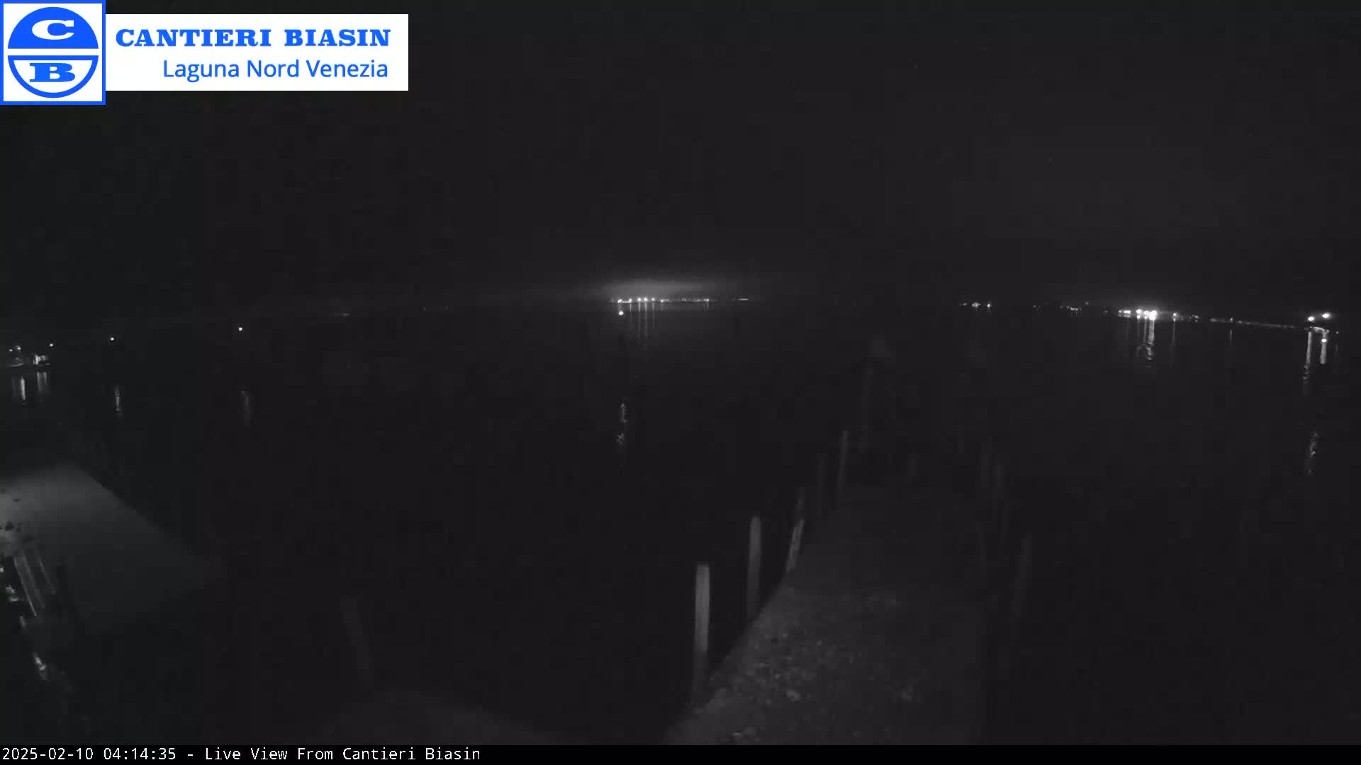 A nighttime view of a dark body of water with faint lights in the distance and a dark pier in the foreground.