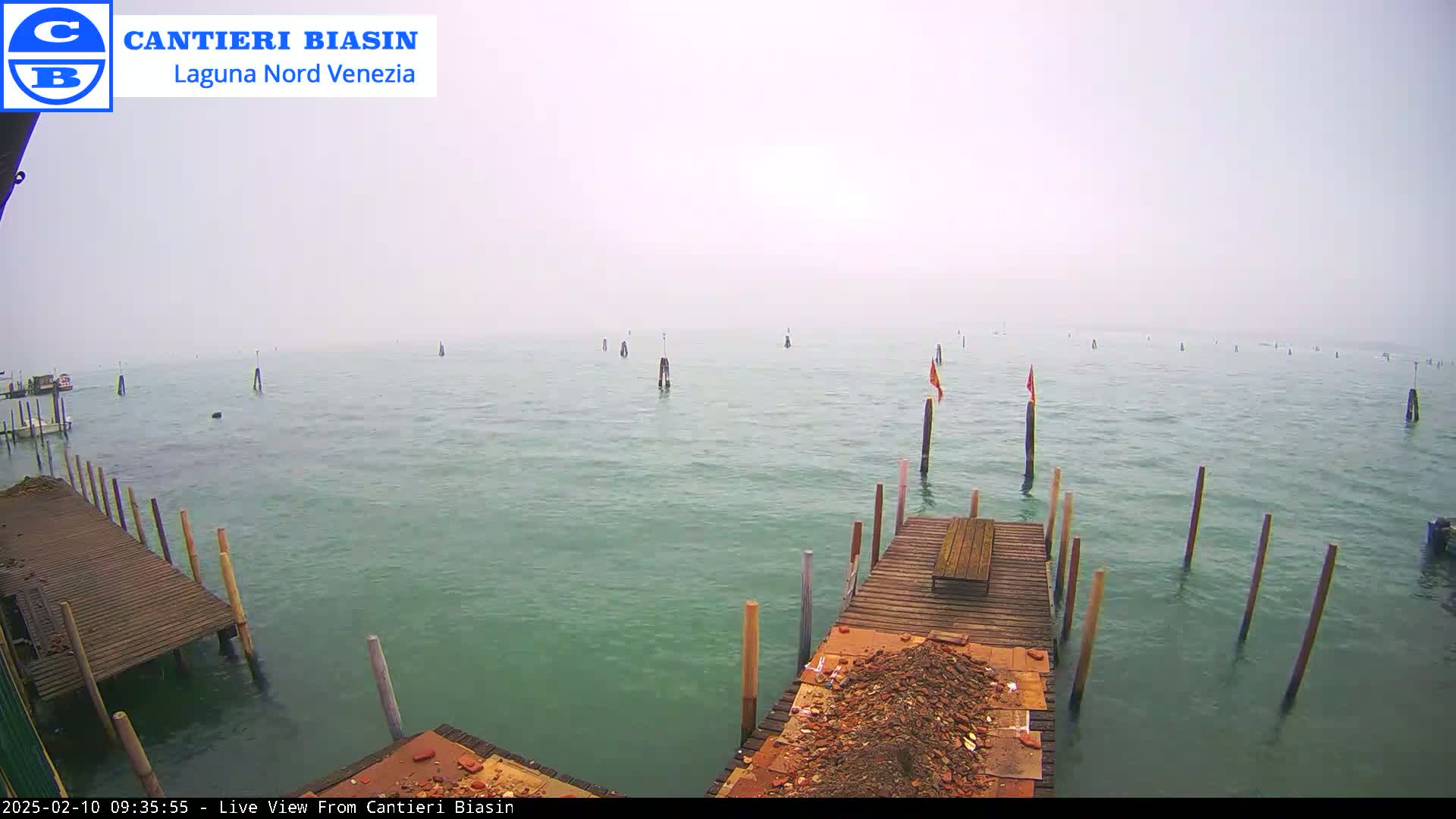 A misty view of calm, greenish water shows several wooden pilings and a wooden dock with debris scattered on it.
