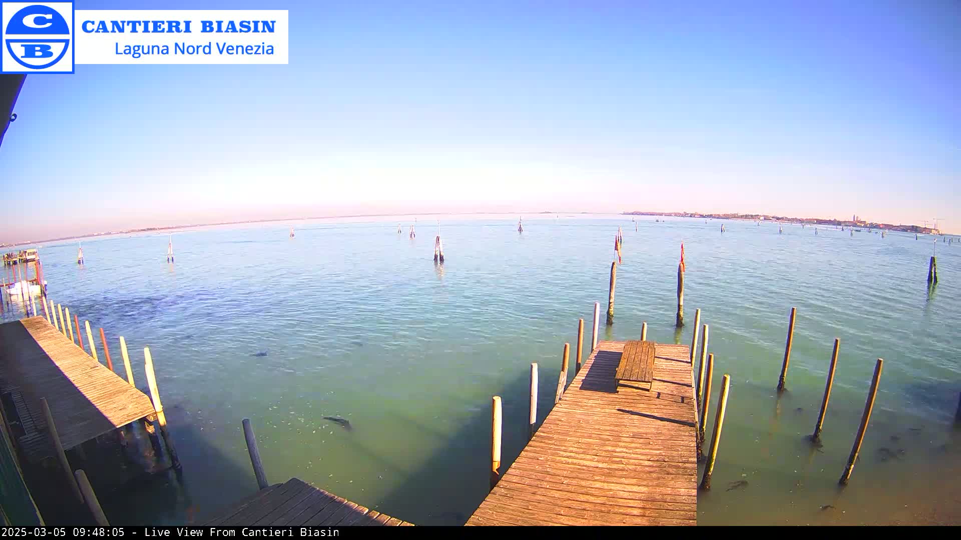 A wooden dock extends over calm, light-green water, with numerous posts in the water and a distant landmass visible under a clear blue sky.