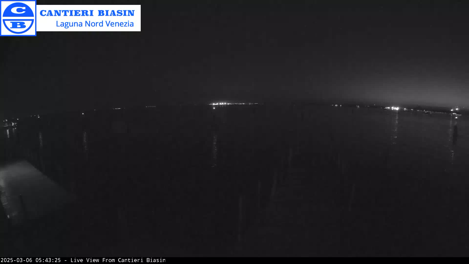 A nighttime view of a dark body of water with distant lights on the horizon under a clear sky.
