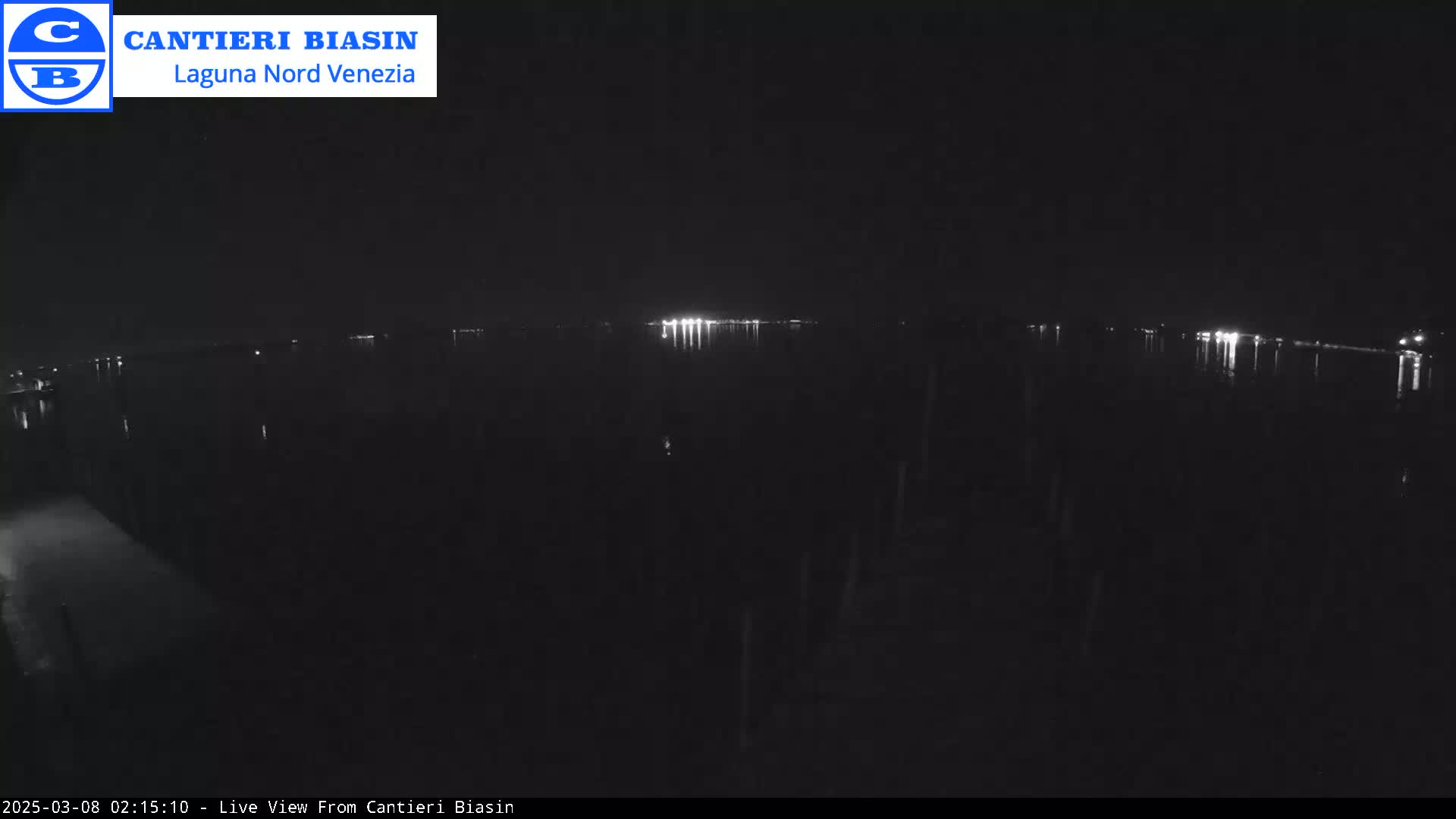 A dark, nighttime view of a body of water with distant lights reflecting on the surface.