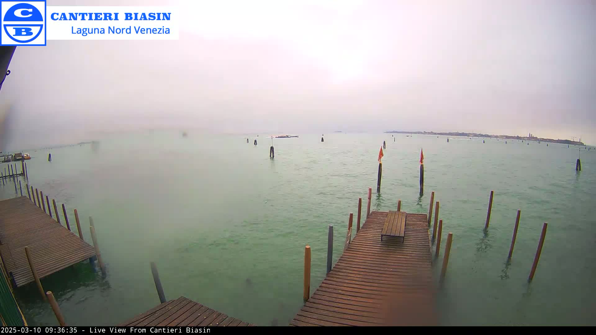 A wooden dock extends over calm, greenish water under an overcast sky, with numerous posts and a distant landmass visible.