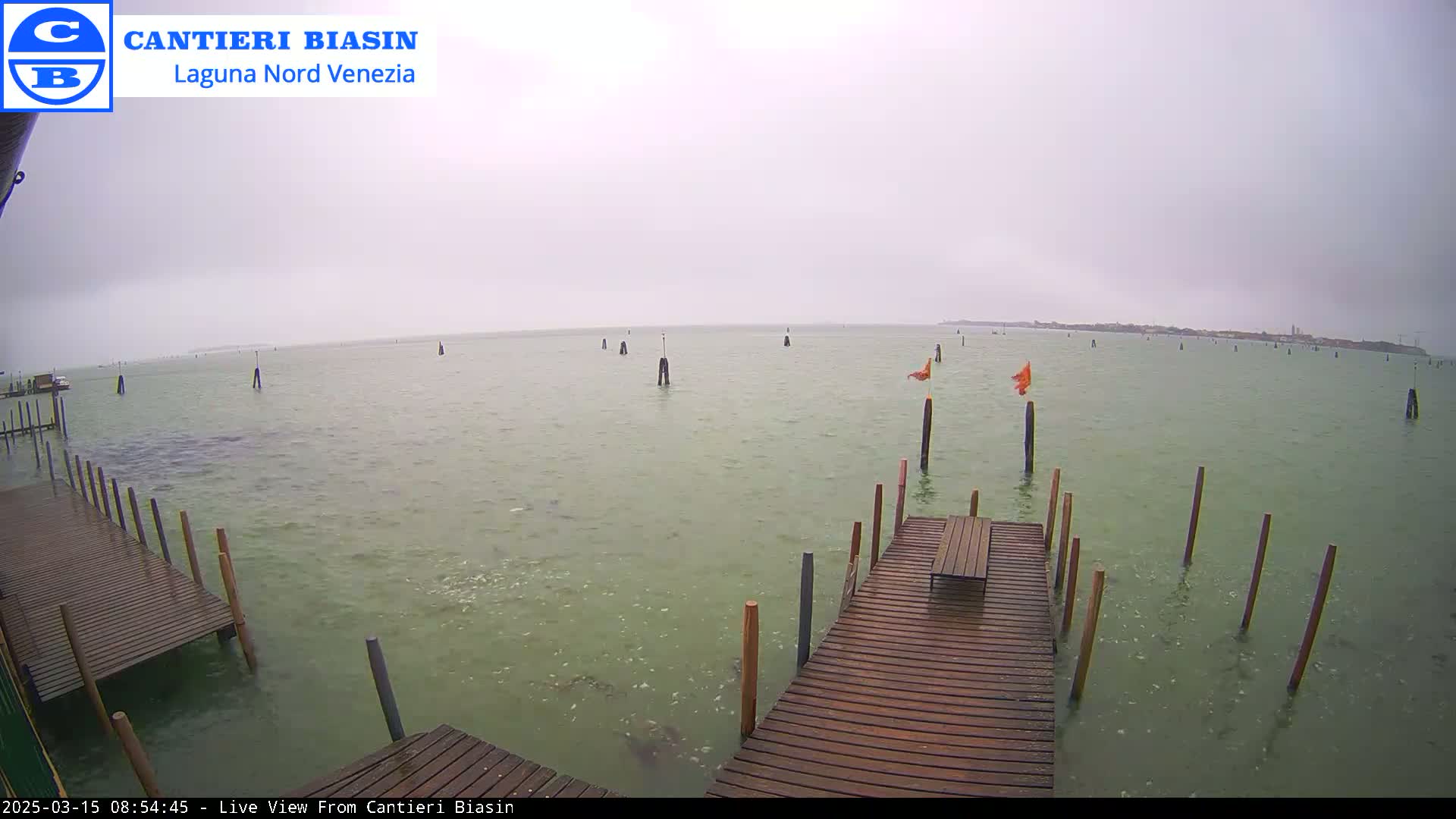 A wooden dock extends over greenish-grey water under an overcast sky, with several posts and orange flags visible in the distance.