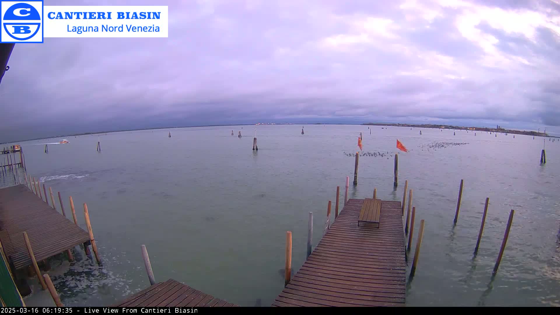 A calm body of water, under an overcast sky, is viewed from a wooden dock with numerous wooden posts in the water.