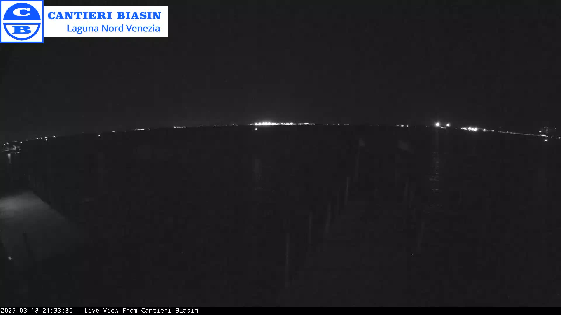 A nighttime, low-light view of a dark landscape with a distant line of lights on the horizon.