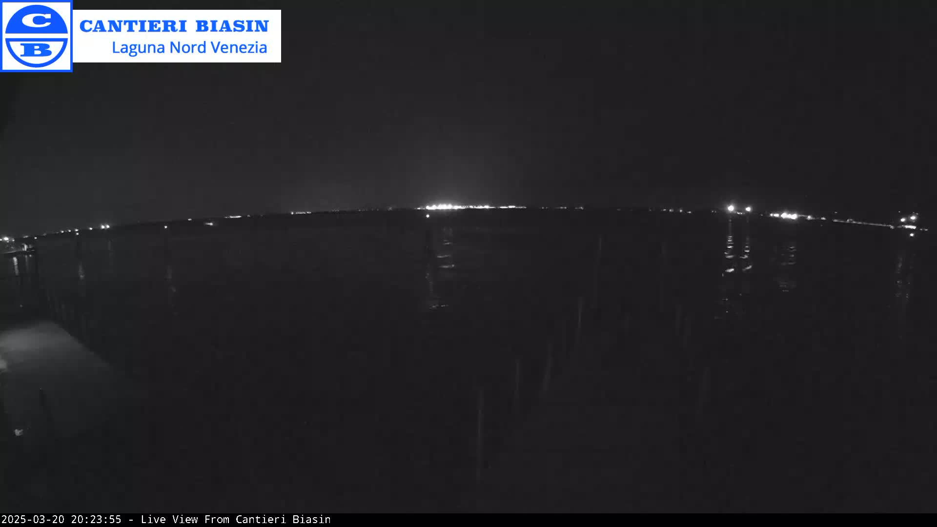 A nighttime view of a dark body of water with a distant line of lights on the horizon.