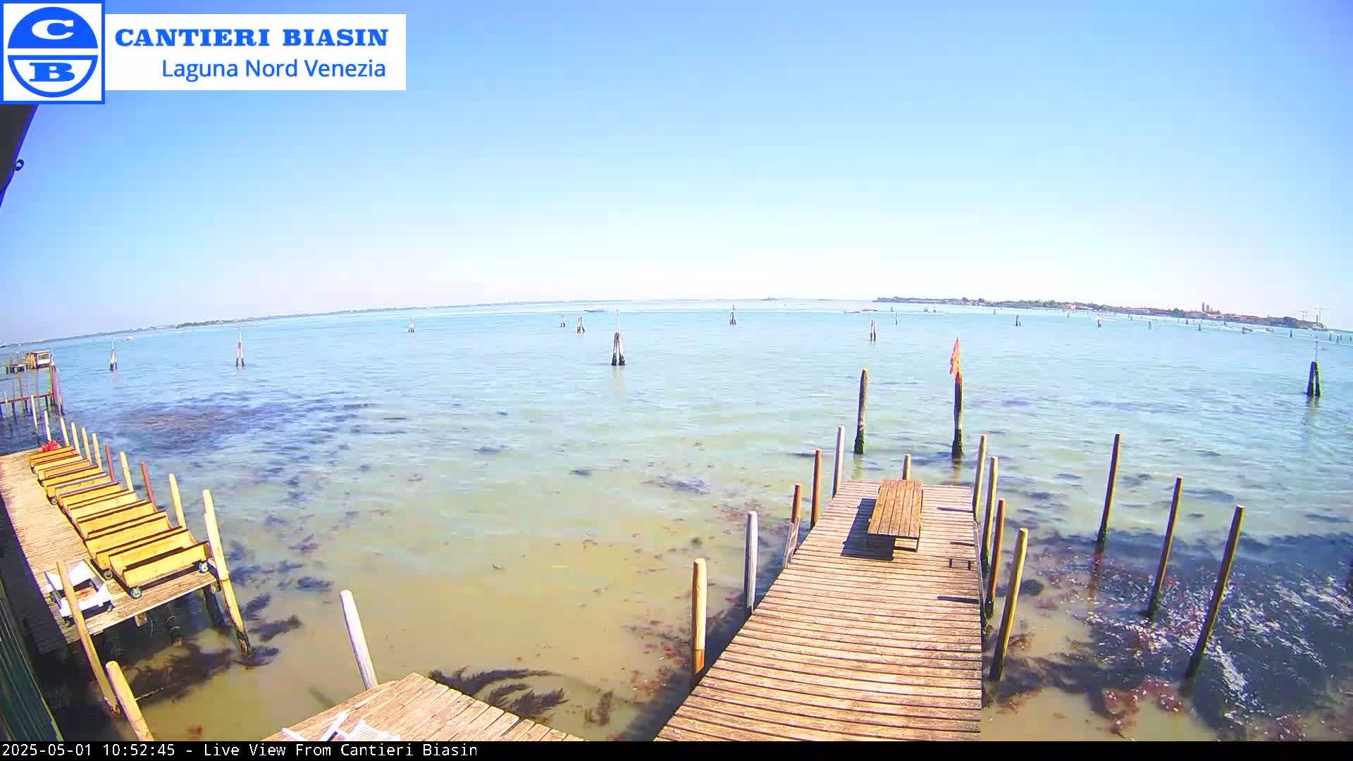A wooden dock extends over calm, shallow, light-green water, with several more docks and poles in the distance under a clear blue sky.