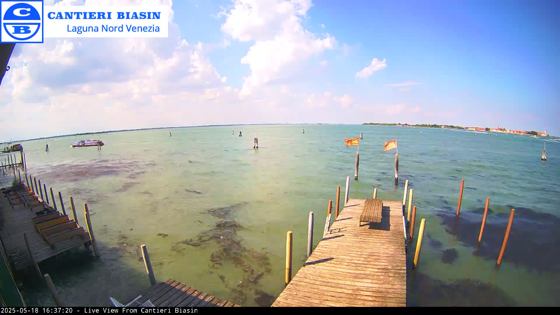 A wooden dock extends over shallow, greenish water, with a distant shoreline and a partly cloudy blue sky.