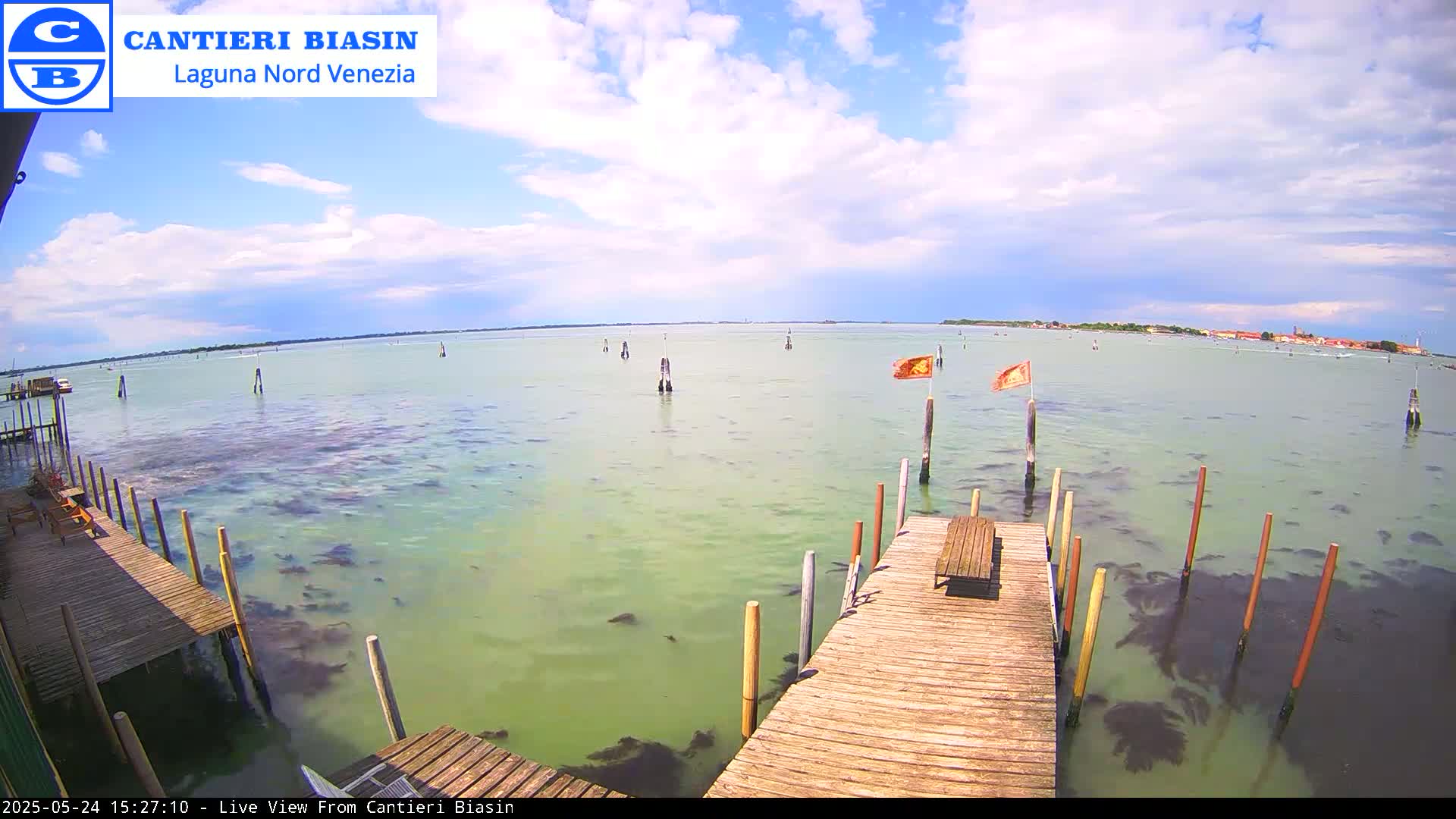 A partly cloudy day overlooking a calm body of water with wooden docks, a few flags, and some pilings in the distance.