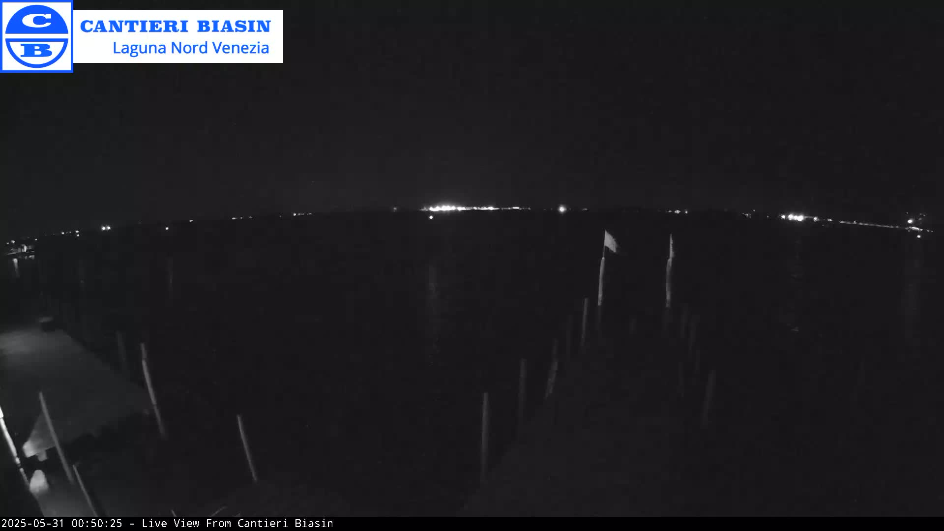 A nighttime, low-light view of a dark body of water with a distant line of lights and several vertical posts in the foreground.