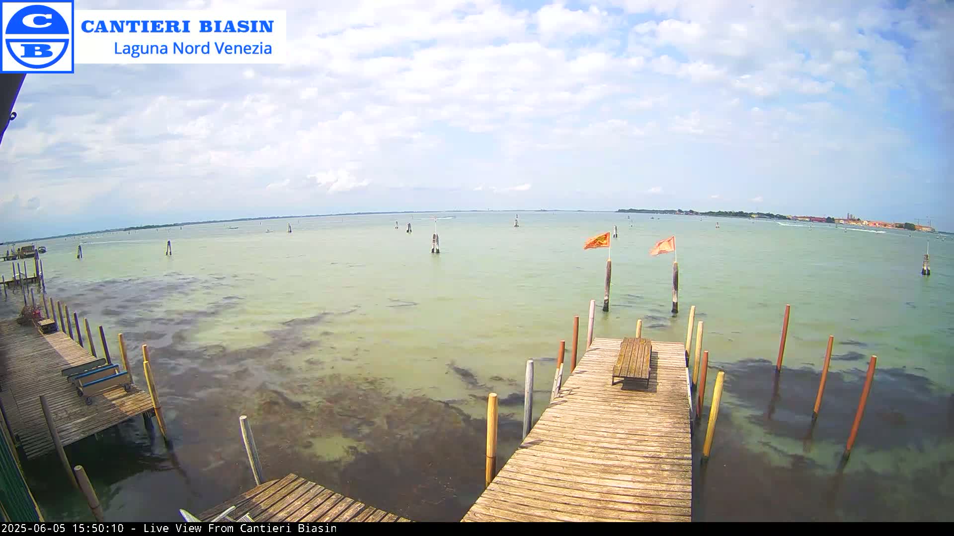 A partly cloudy day shows a wooden dock extending over calm, shallow, greenish-brown water with several posts in the water and distant land visible on the horizon.