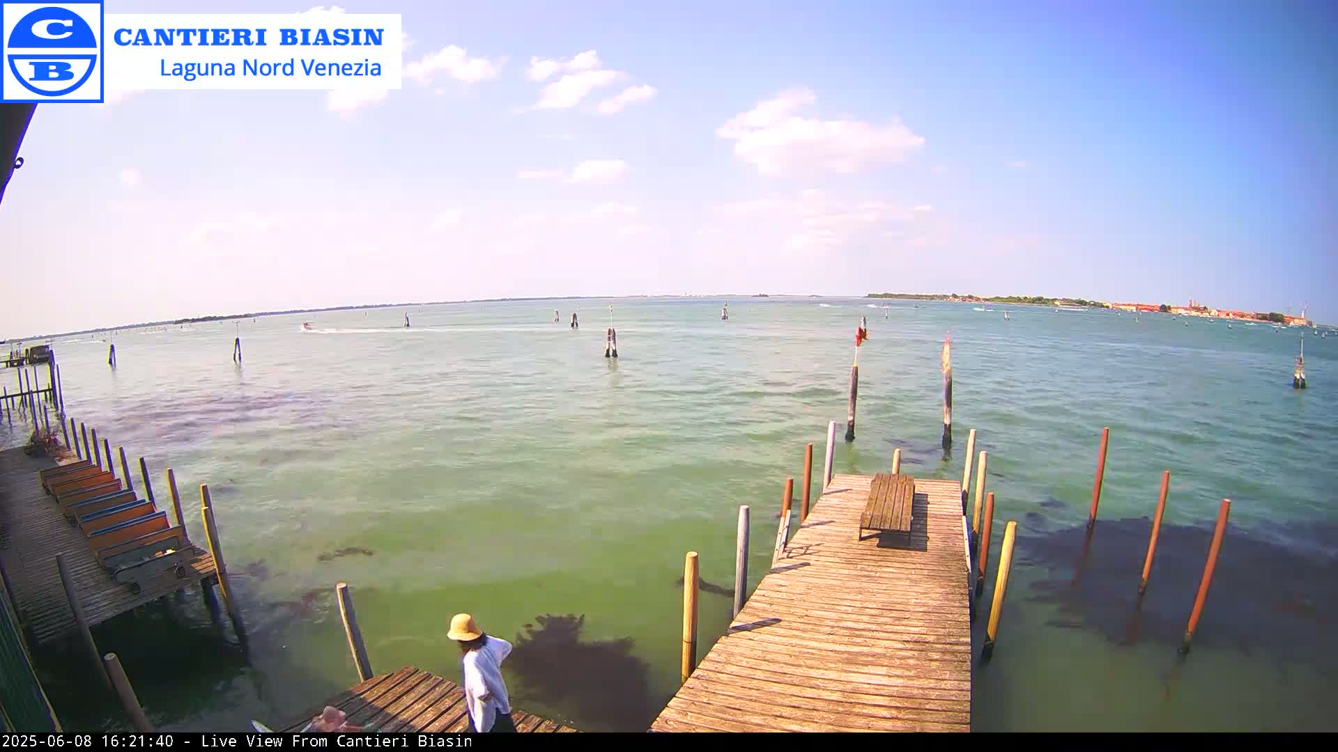 A person stands on a wooden dock overlooking calm, green water with several posts in the water and land visible in the distance under a mostly sunny sky.